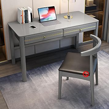Soild Wood Writing Desk with 2 Drawers, Mid Century Modern Home Office Desk Work Study Table Workstation for Small Spaces, Bedroom, Without Chairs80cm/31, Gray