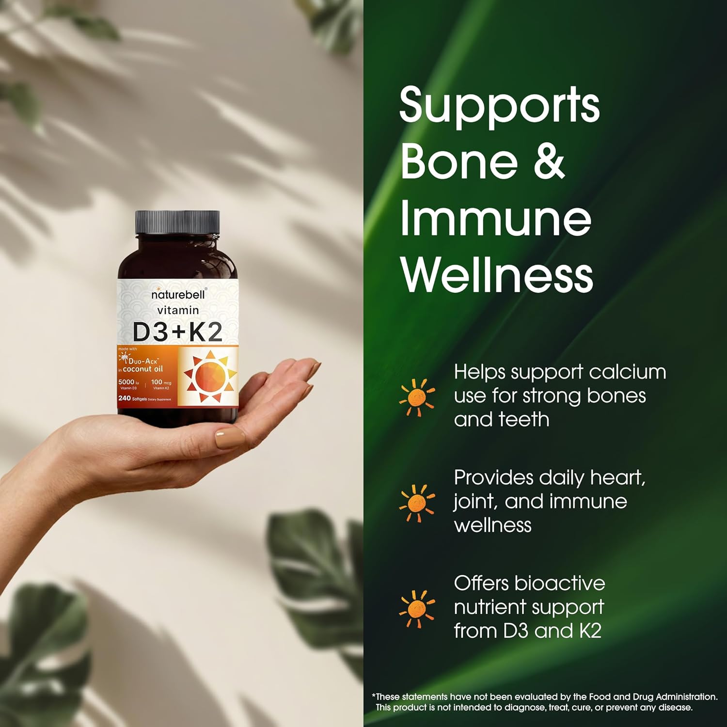 NatureBell Vitamin D3 K2-240 Softgels - 5,000 IU Vitamin D3 & 100mcg Vitamin K2 MK-7 - with Virgin Coconut Oil - Bone, Heart & Immune Health Support* - Duo-Ack Formula - Image 4