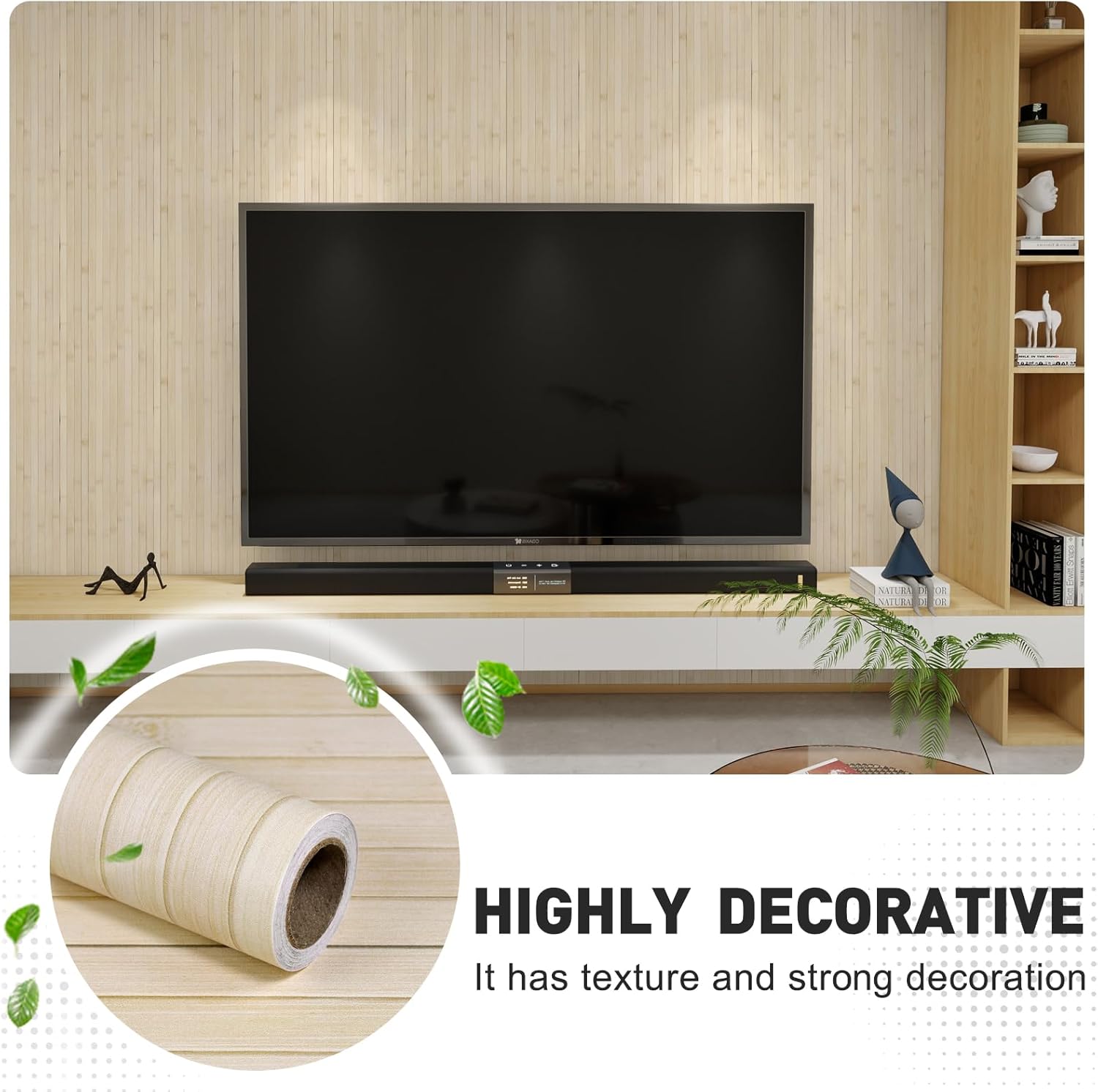 Bamboo Wallpaper Peel and Stick - 17.3”x480” Realistic Wood Slat Texture, Self-Adhesive Vinyl for Accent Wall, Bathroom, Spa Room, Natural Decor, Waterproof & Easy Install Beige