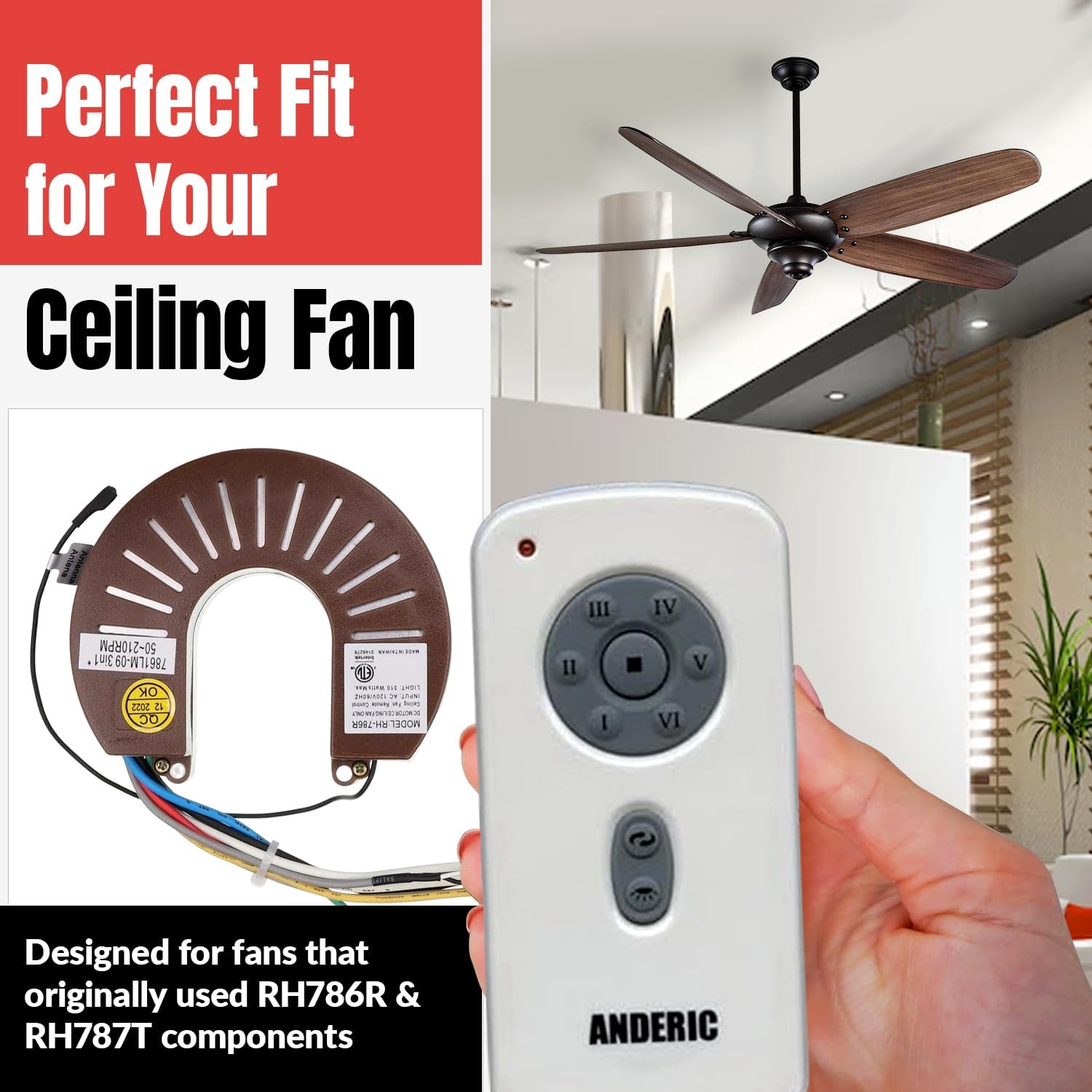 Anderic Ceiling Fan Kit RH786R / RR787T for DC 6-Speed Ceiling Fans fits Casablanca Fanimation Slinger Holliston Panama Stealth Fellini