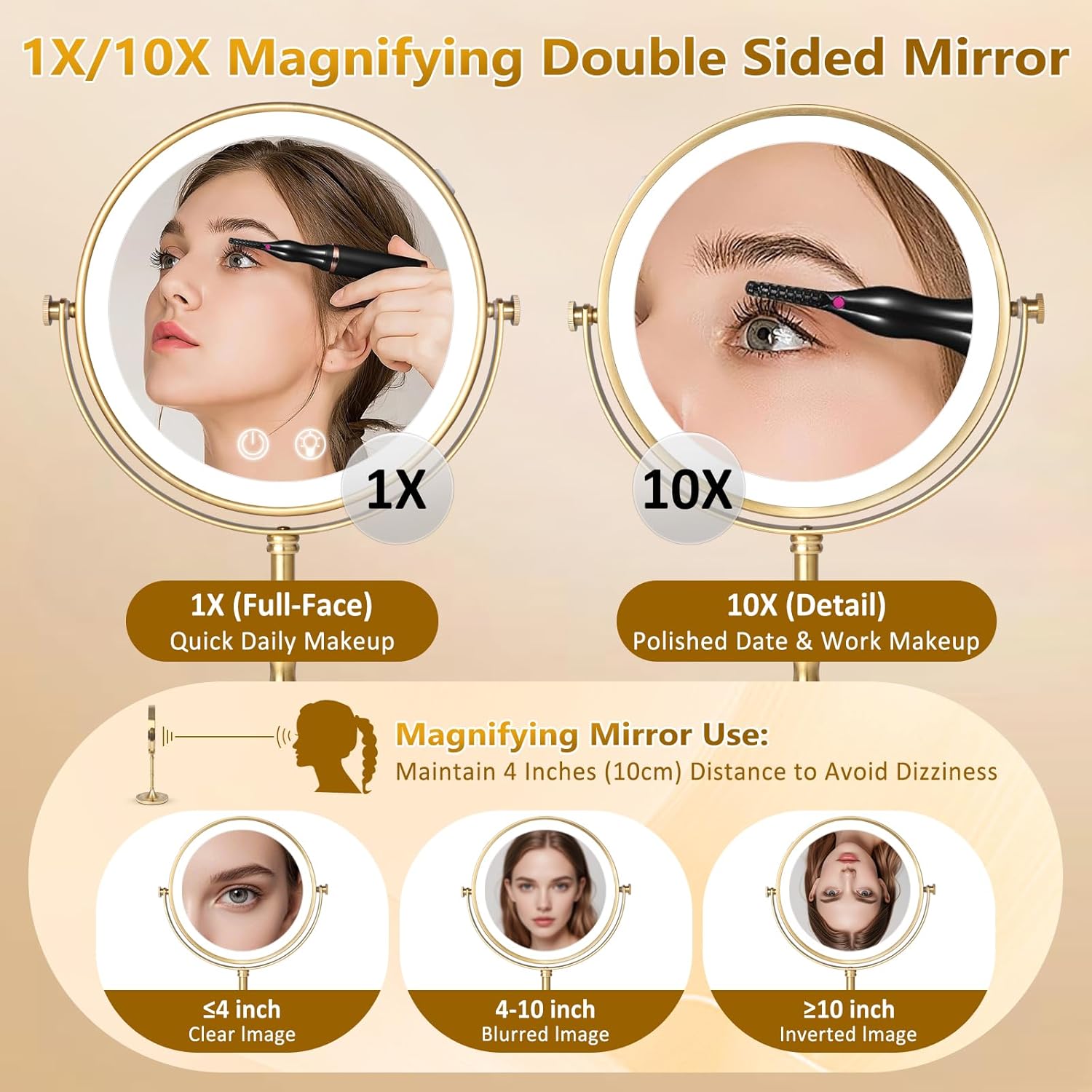 Vanity Mirror with Lights,4000mAh Rechargeable Double Sided Magnifying Mirror with 3 Colors Adjustable,1x/10x Lighted Makeup Mirror,360°Rotation Touch Screen with Memory Function,Gold