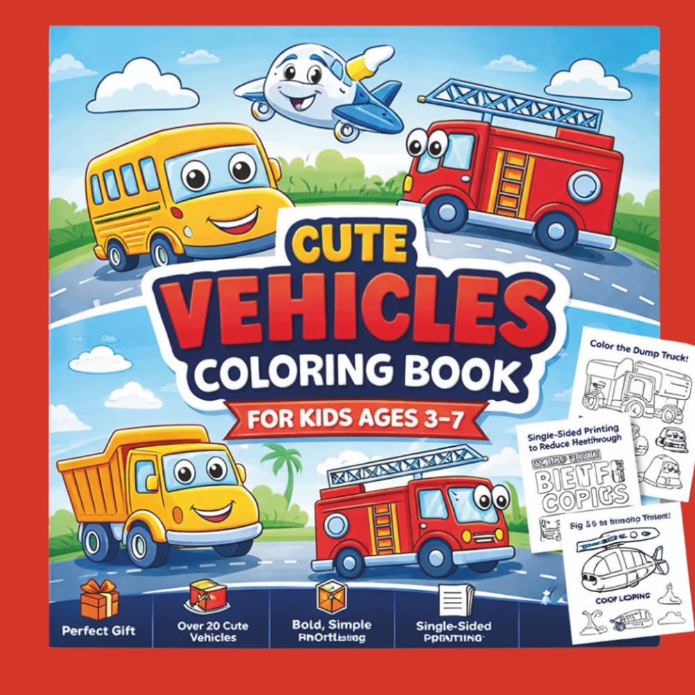 Cute Vehicles Coloring Book for Kids Ages 3–7: Fun Cars, Trucks, Buses, Fire Trucks, Airplanes & Construction Vehicles | Big Easy Square Coloring Pages