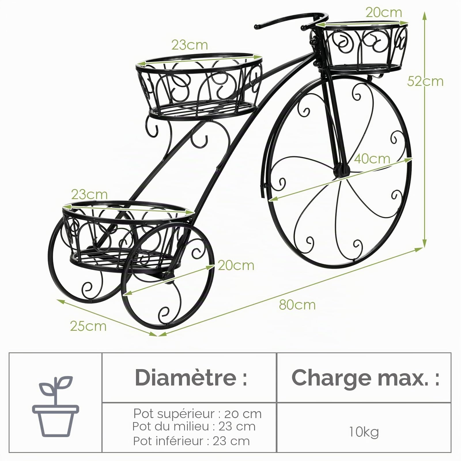 HOMASIS Support de fleurs en forme de vélo, escalier de plantes en métal avec 3 niveaux, escalier de plantes style vintage pour jardin, balcon, bureau, étagère à fleurs 80x25x52cm (Noir)