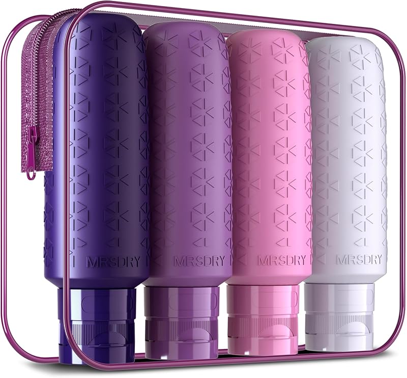 Mrsdry Frascos de Silicone Recarregáveis para Viagem, 180 mL, Roxos, Pacote com 4 e Bolsa para Produtos de Higiene