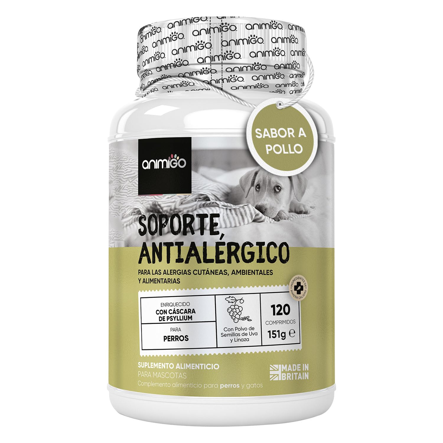 Suplemento Natural Alergias para Aliviar Picor en Perros - 120 Comprimidos Sabor a Pollo | Complemento Hipoalergénico de Psyllium, Semillas de Lino y Cúrcuma | Antiácaros y Antiinflamatorio