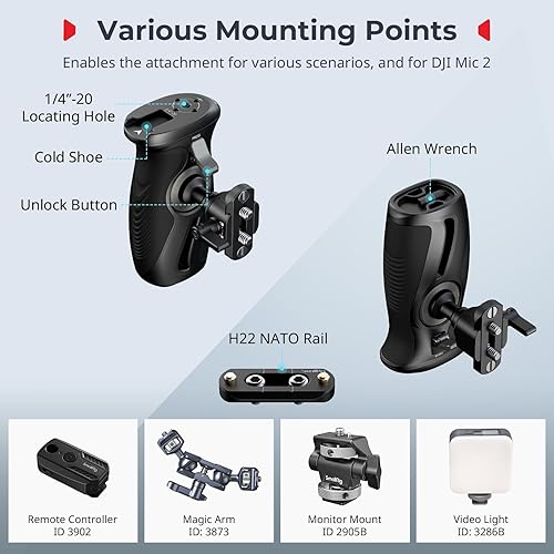 Miniatura 6 de SMALLRIG Mango lateral giratorio con botón de presión y abrazadera NATO, para mano izquierda y derecha, mango lateral giratorio 360 con silicona