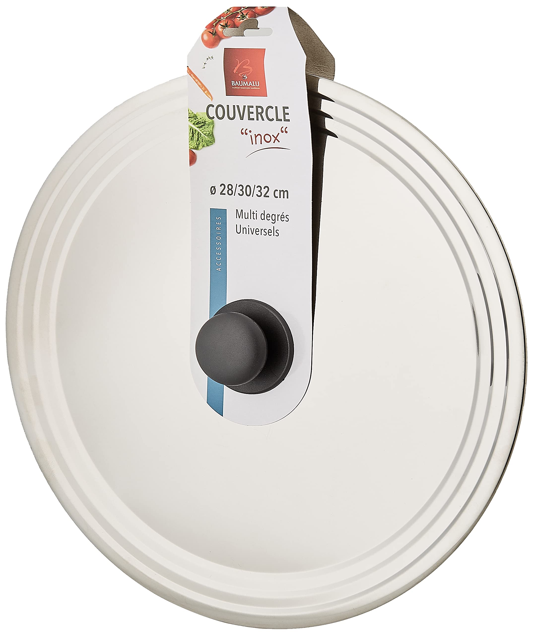 Baumalu - Universeller Mehrgradedeckel - Hochwertiger Edelstahl - Bakelitknopf, Stufenrand - Für Kochgeschirr mit Ø28, 30 und 32 cm - Vielseitig einsetzbar, Silberfarben