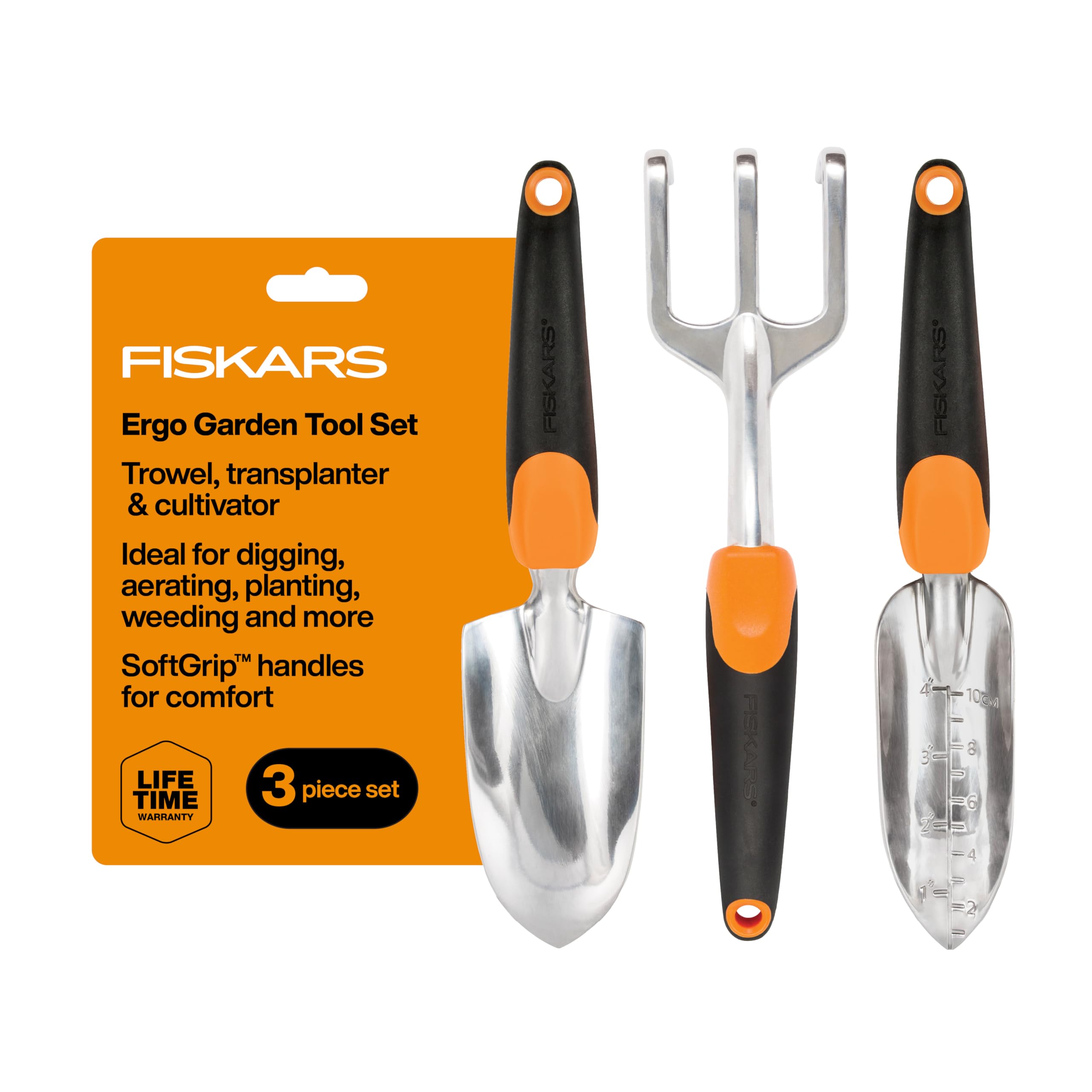Fiskars 3-in-1 Garden Tool Set, Polished Cast-Aluminum Heads for Rust Resistance, Heavy-Duty Trowel, Transplanter & Cultivator for Digging and Planting, Non-Slip SoftGrip Handles Reduce Fatigue