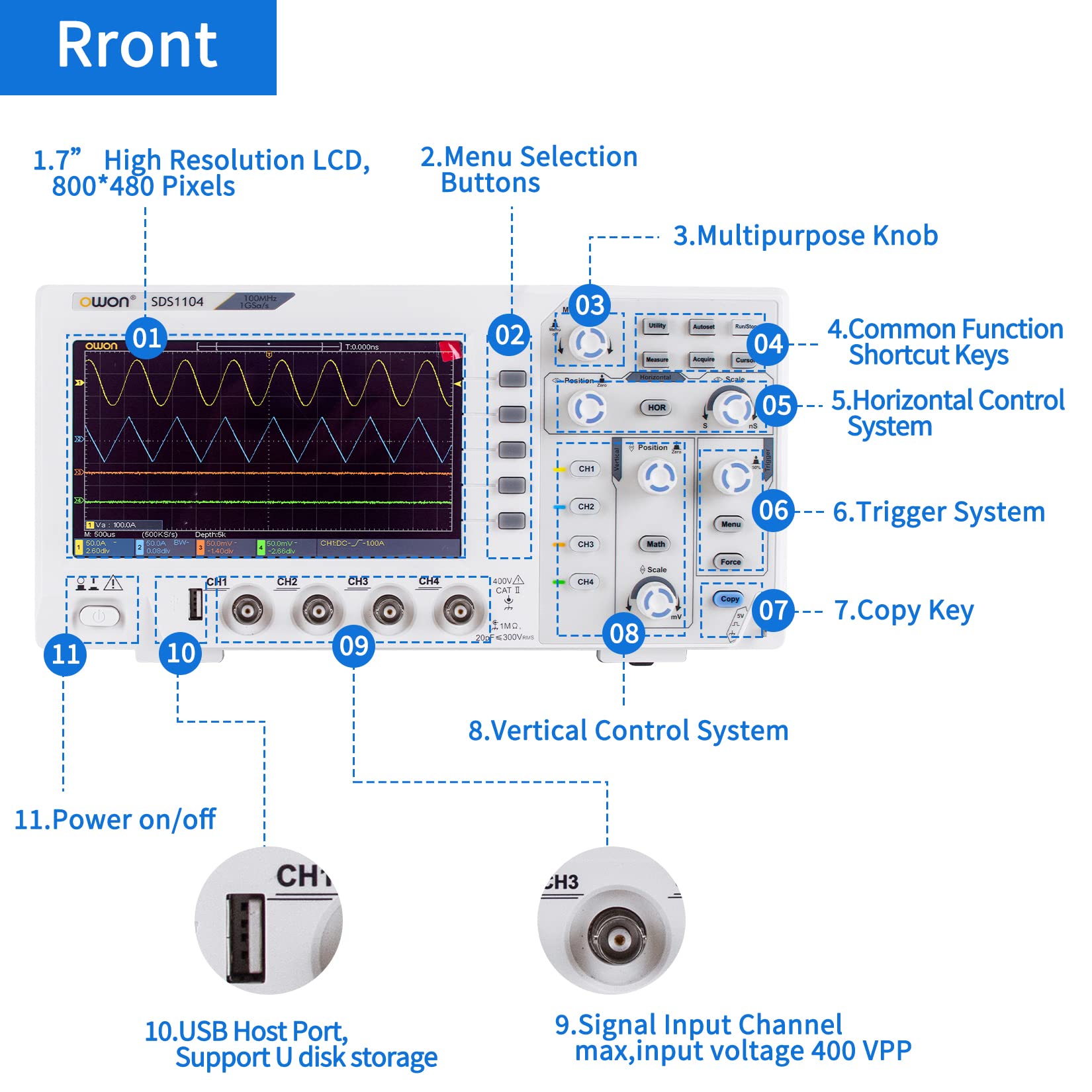 OWON SDS1104 Oscilloscopio digitale a 4 canali larghezza di banda 100 MHZ, frequenza di campionamento 1GS/s, corpo ultrasottile con LCD ad alta risoluzione da 7 pollici