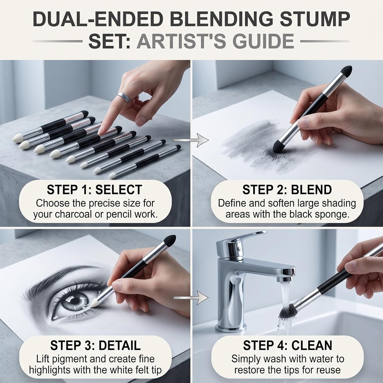 8Pcs Dual Tip Oil Pastel Blending Tools,Reusable Sketch Sponge Stumps