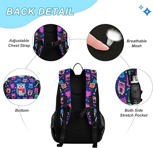 Miniatura 3 de Neon Owl Colorful Dark Blue Book Bags Para Niños Con Bolsa De Almuerzo Mochila Escolar Niños Con Lonchera 9-10 años mochilas y loncheras escolares