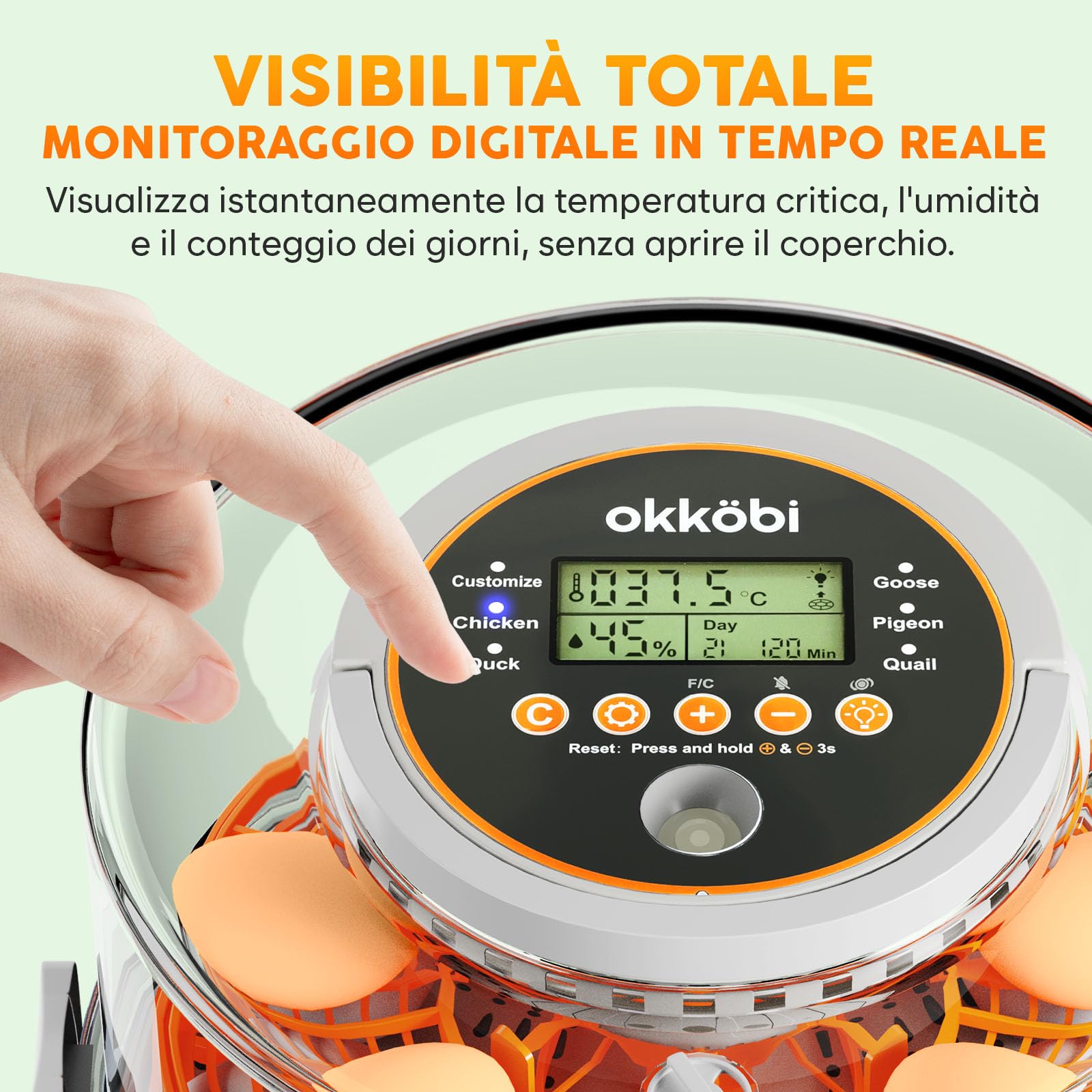 Incubatrice per uova automatica Okköbi – Incubatrice per 12 o 20 uova gallina – Controllo automatico temperatura e umidità – Gira uova – Luce per test uova – Facile da usare