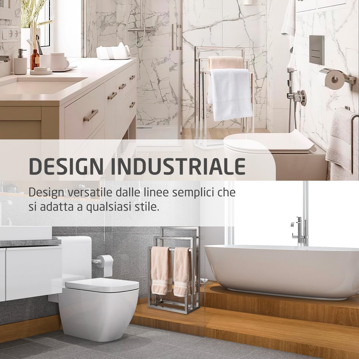 Amig - Porta asciugamani da terra cromato con 3 barre metalliche - Supporto da pavimento per asciugamani da bagno - Stile moderno con finitura lucida e base stabile - Senza fori