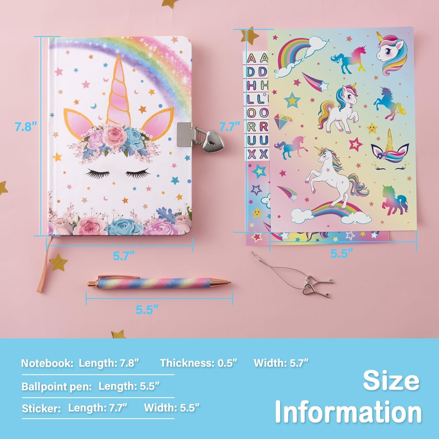 WERNNSAI Unicorn Kids Diary for Girls, Secret Diary with Lock Keys, Journal Notebook with Pen Stickers Birthday Christmas Gift for Girls, School Travel A5 Lined Writing Drawing Notepad