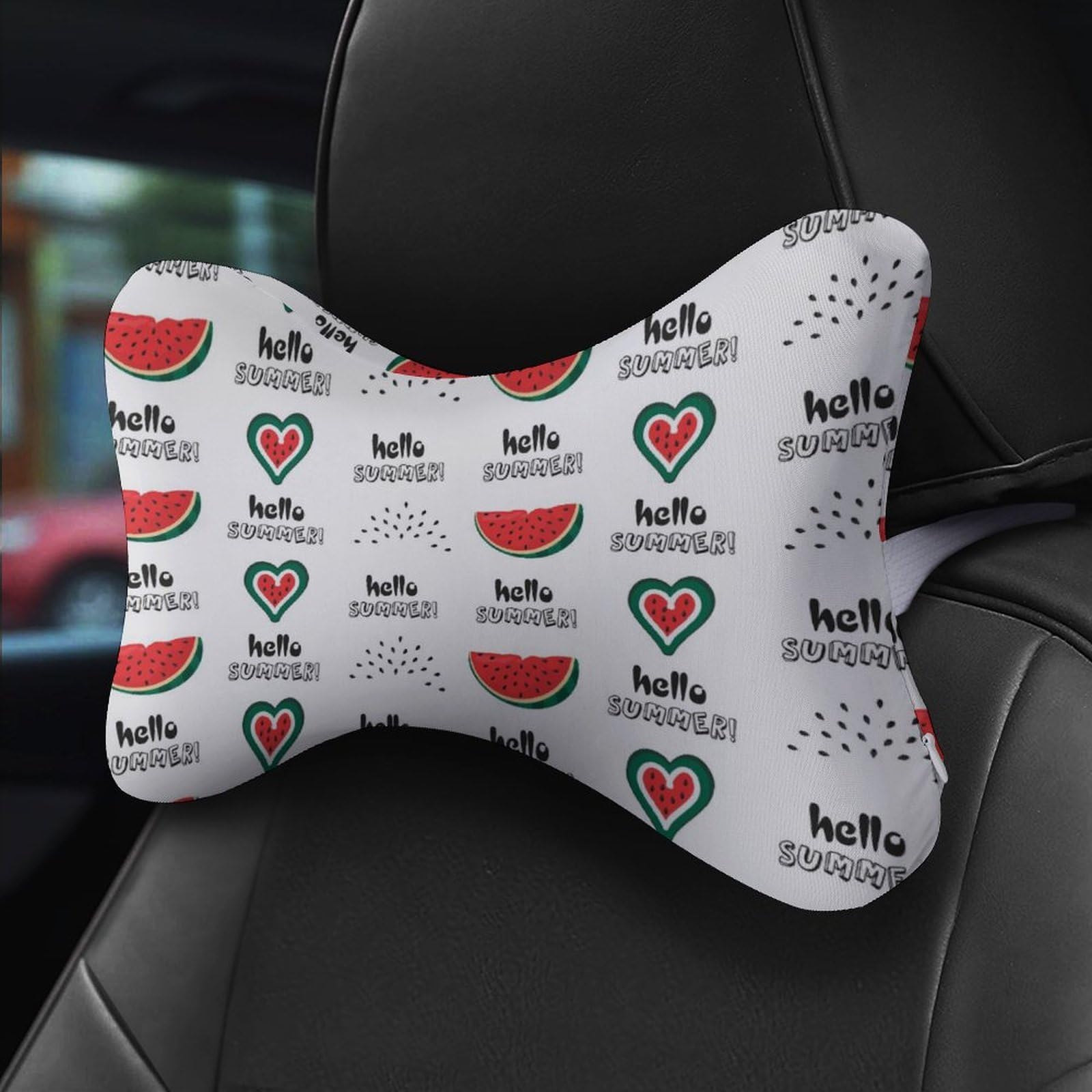SMAZDFXX Hello Summer Watermelon Love Watermelon Car Neck Pillow Set of 2 Car Seat Head Support Cushion Bone Pillows with Elastic Strap