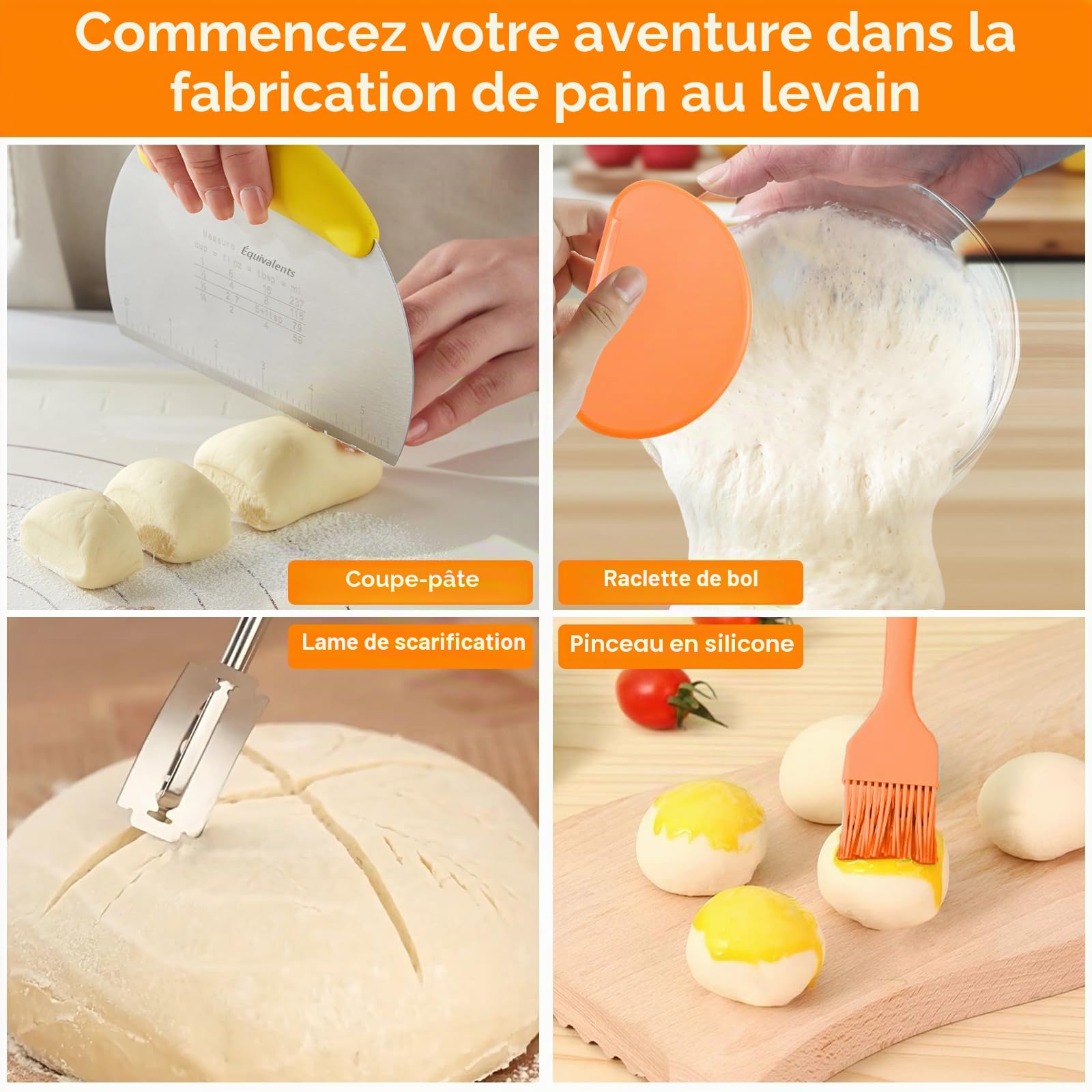 Complete Starter Kit for Yeast, 2 Pcs Yeast Bread Basket With Liner, Silicone Bread Scarf, Lifting Agent Jar,Silicone Brush,Scraper Set For Dough (A)
