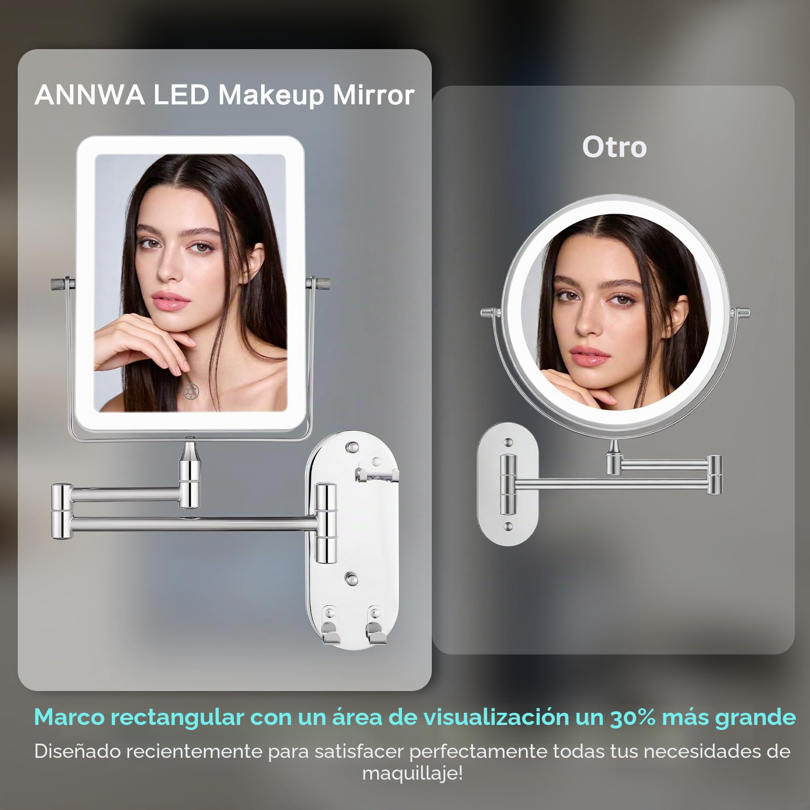 Espejo de Maquillaje con Luz LED Recargable, Espejo de Baño con 3 Colores de Iluminación, Aumento 7X y Brazo Extensible, Giratorio 360°, Espejo de Pared con Atenuación Progresiva y Gancho Integrado