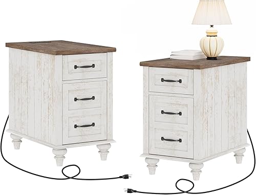 Miniatura 13 de WAMPAT Mesa auxiliar con estación de carga, mesa auxiliar de madera con cajón y armario de almacenamiento, mesa auxiliar moderna con tomas de