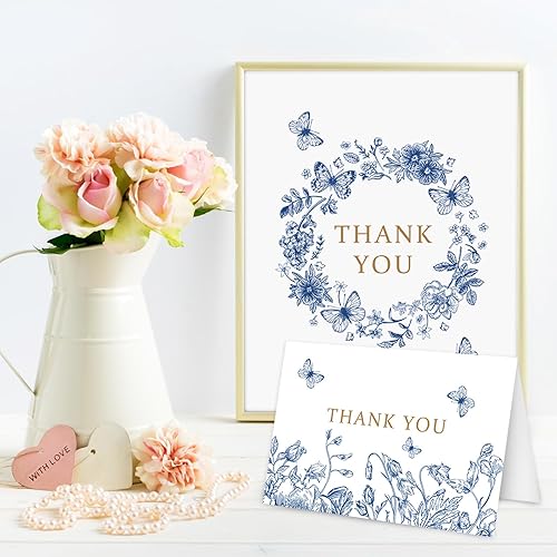 Miniatura 5 de AnyDesign Paquete de 36 tarjetas de agradecimiento florales azules y blancas con sobres de papel de estraza con calcomanías elegantes de