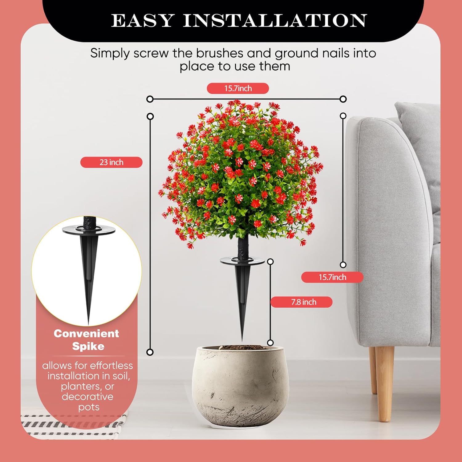 23" Artificial Topiary Boxwood Ball Trees with Ground Spike, Set of 2, UV Resistant Fake Bushes Plants with Camellia Flowers, Faux Cedar Balls Shrubs for Outdoor Indoor Front Porch Garden Decor - Image 3