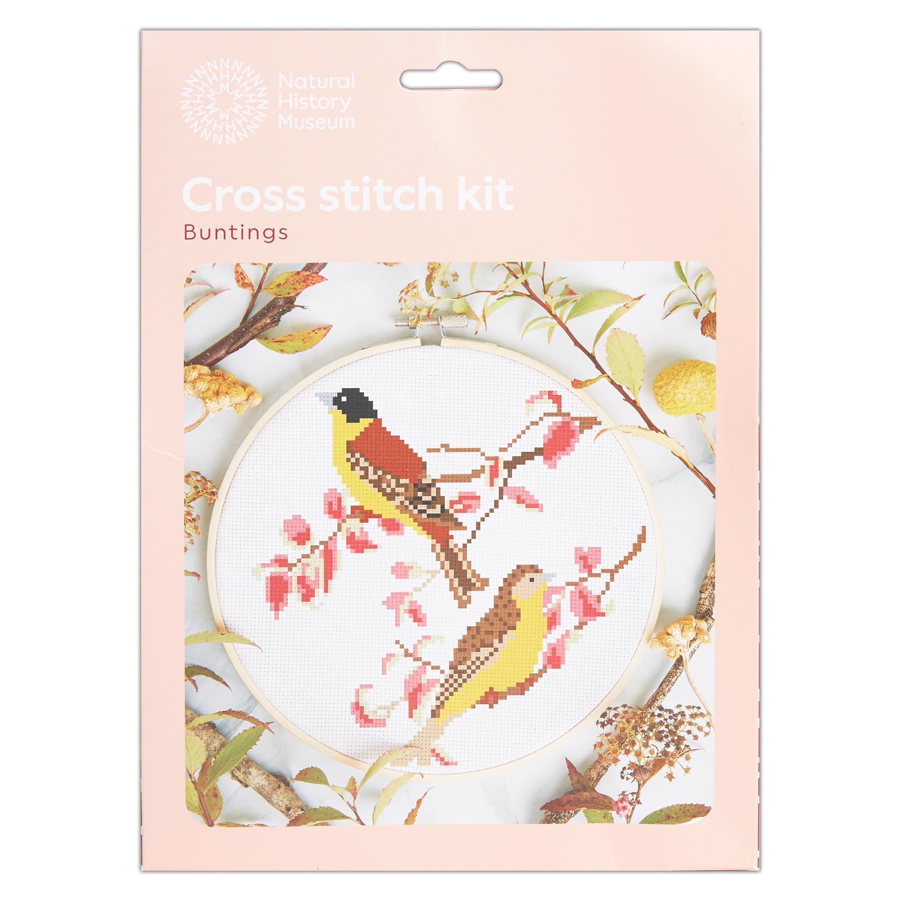 NHM Natural History Museum Cross Stitch Kit, Buntings Design, 14cm Embroidery Kits for Adults, Cross Stitch Kits for Adults Beginners, Gift Idea, with Embroidery Patterns, Embroidery Set