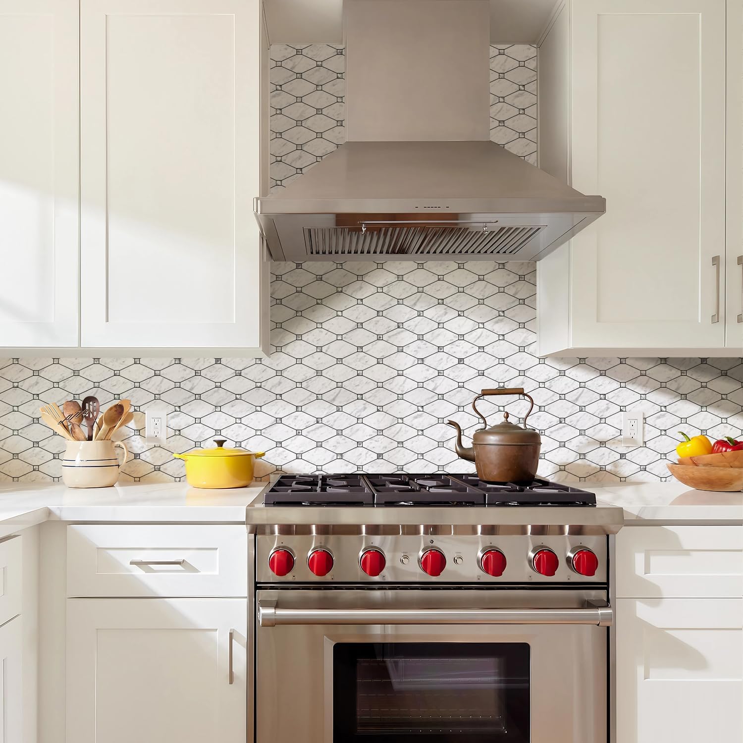 STICKGOO 10 Sheets Peel and Stick Backsplash, Carrara White Stick on Mosaic Tiles for Kitchen Wall Decor, PVC Mixed Glass Self Adhesive Peel and Stick Tile