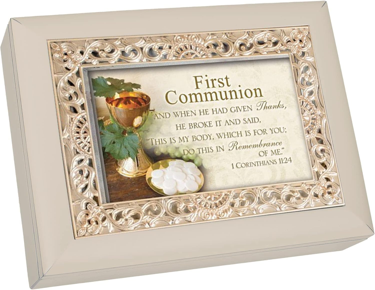Cottage Garden First Communion Ornate Champagne Silver Jewelry Music Box Plays Amazing Grace