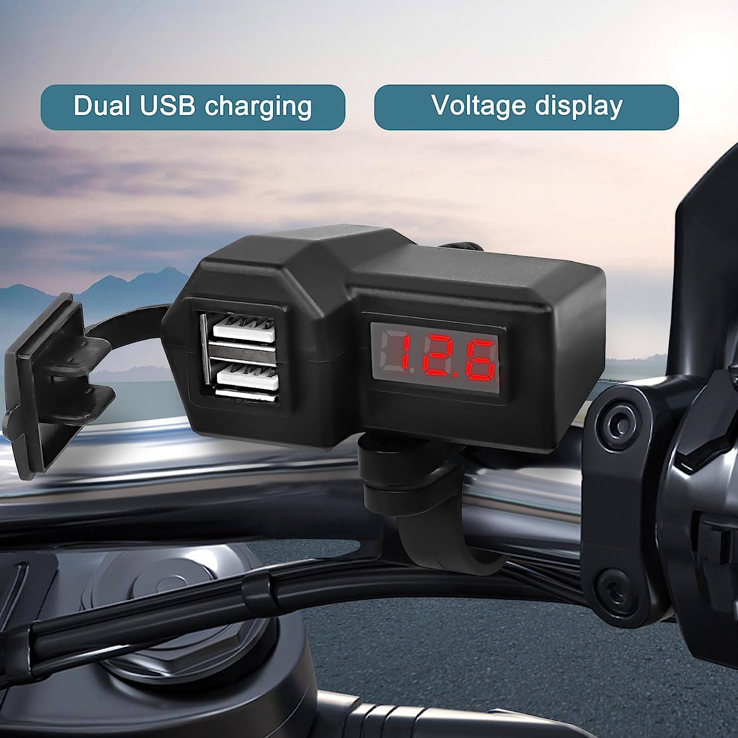 XMSJSIY Motorcycle USB Charger 5V 3.1A Dual USB Phone Charger Adapter Kit Cable with Voltmeter、Waterproof and ON/Off Switch,Handlebar Mounting or Diameter Rearview Mirror Holder-0.5M/1.6FT
