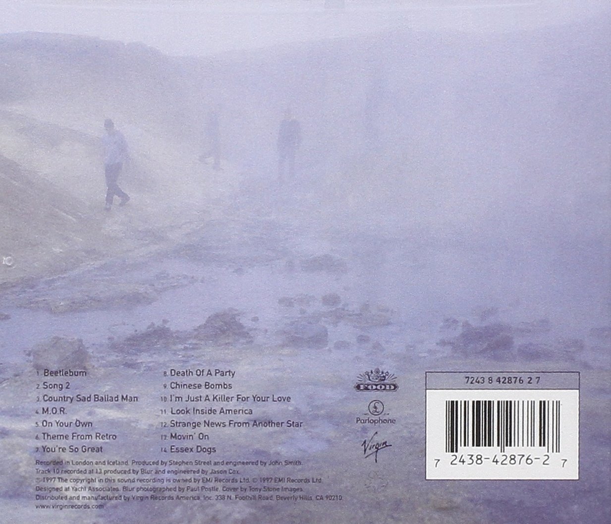 Back cover of the Blur Audio CD, displaying the tracklist and production credits against a misty landscape.