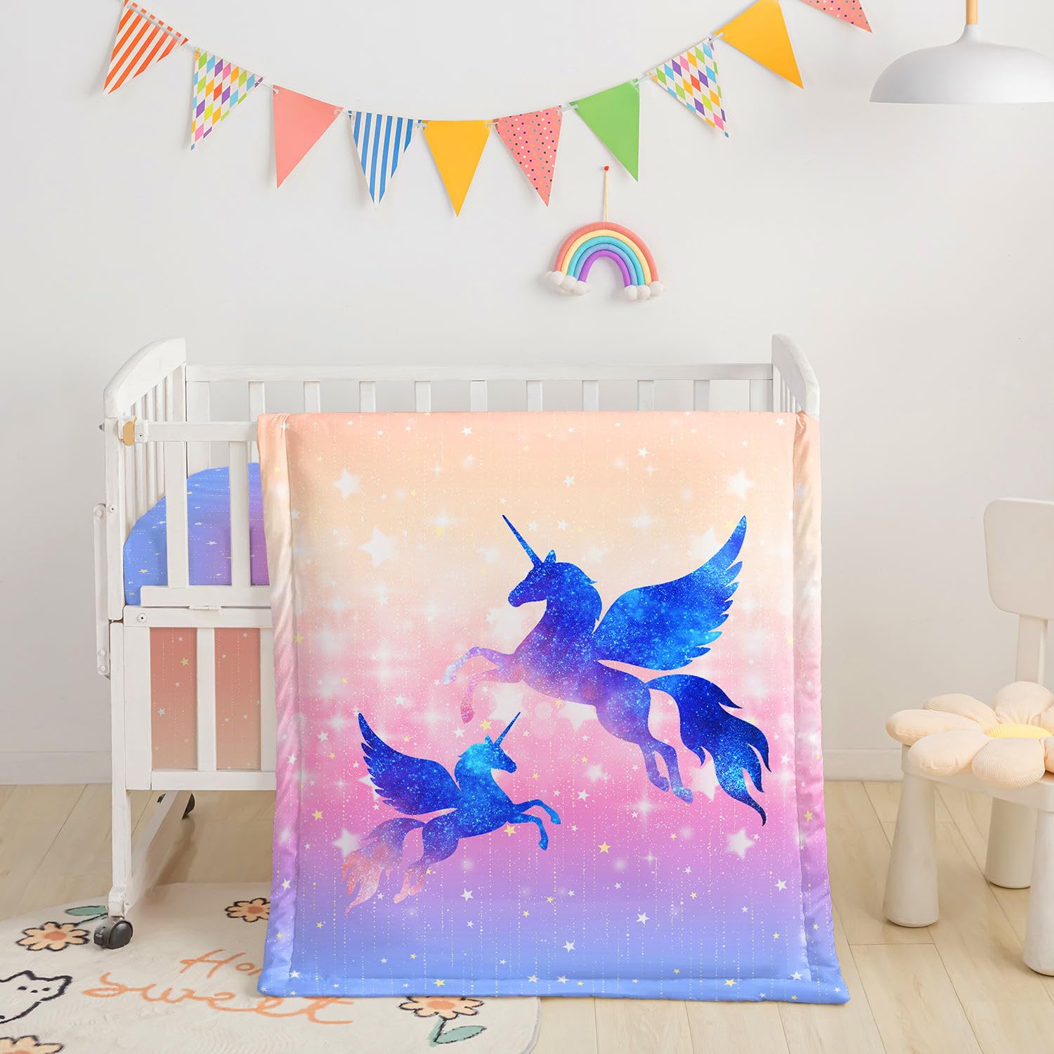 Crib Bedding Set,3pcs Nursery Crib Bedding with Comforter Crib Sheet &amp; Crib Skirt,Sparkle Unicorn Printed Nursery Bedding for Baby Boys and Girls(Sparkle Unicorn)