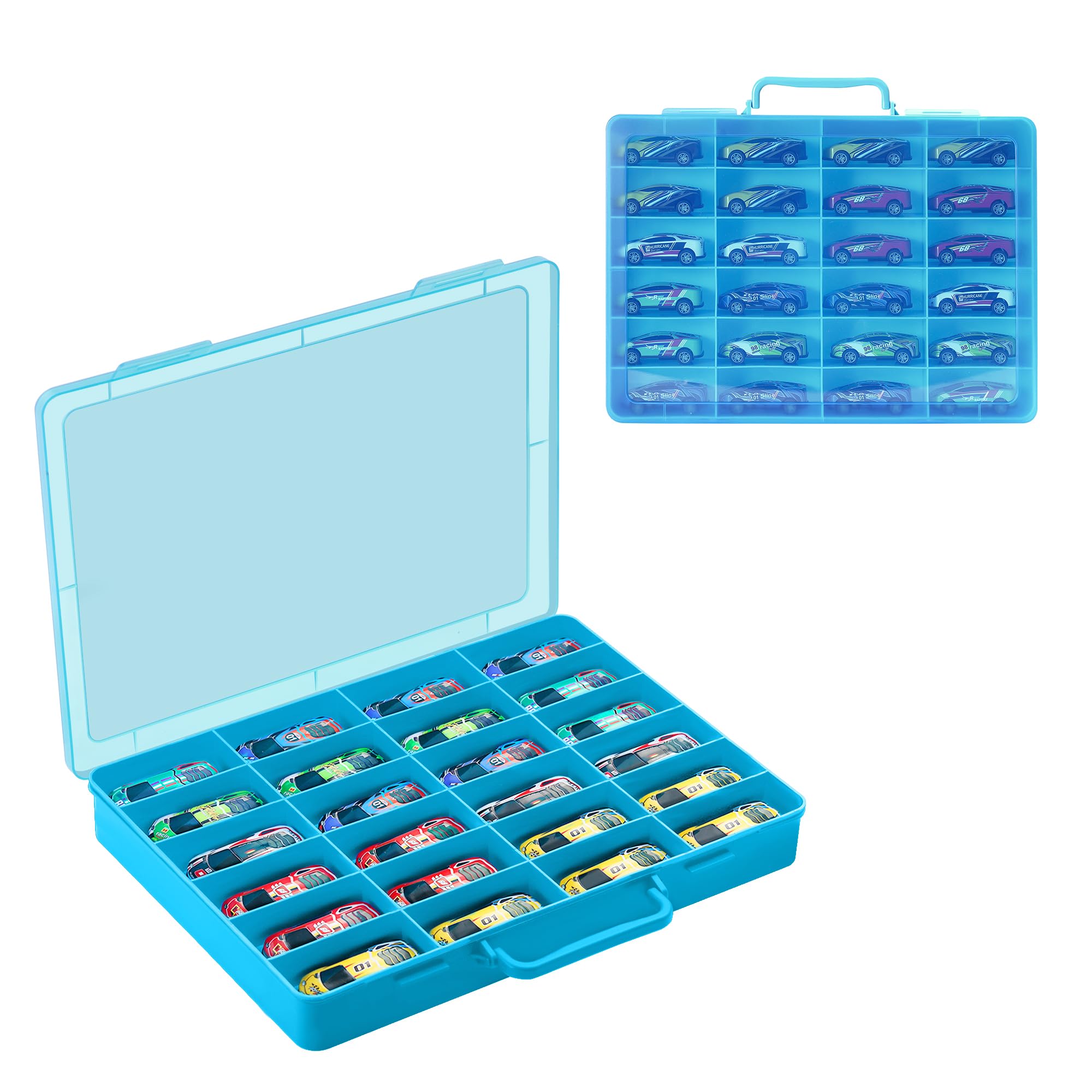 RHCOM Toy Storage Organizer Case for Hot Wheels Car for Matchbox Cars for Mini Toys for Small Dolls. Carrying Box Container Carrier with 24 Compartments.(Box Only) (Blue)
