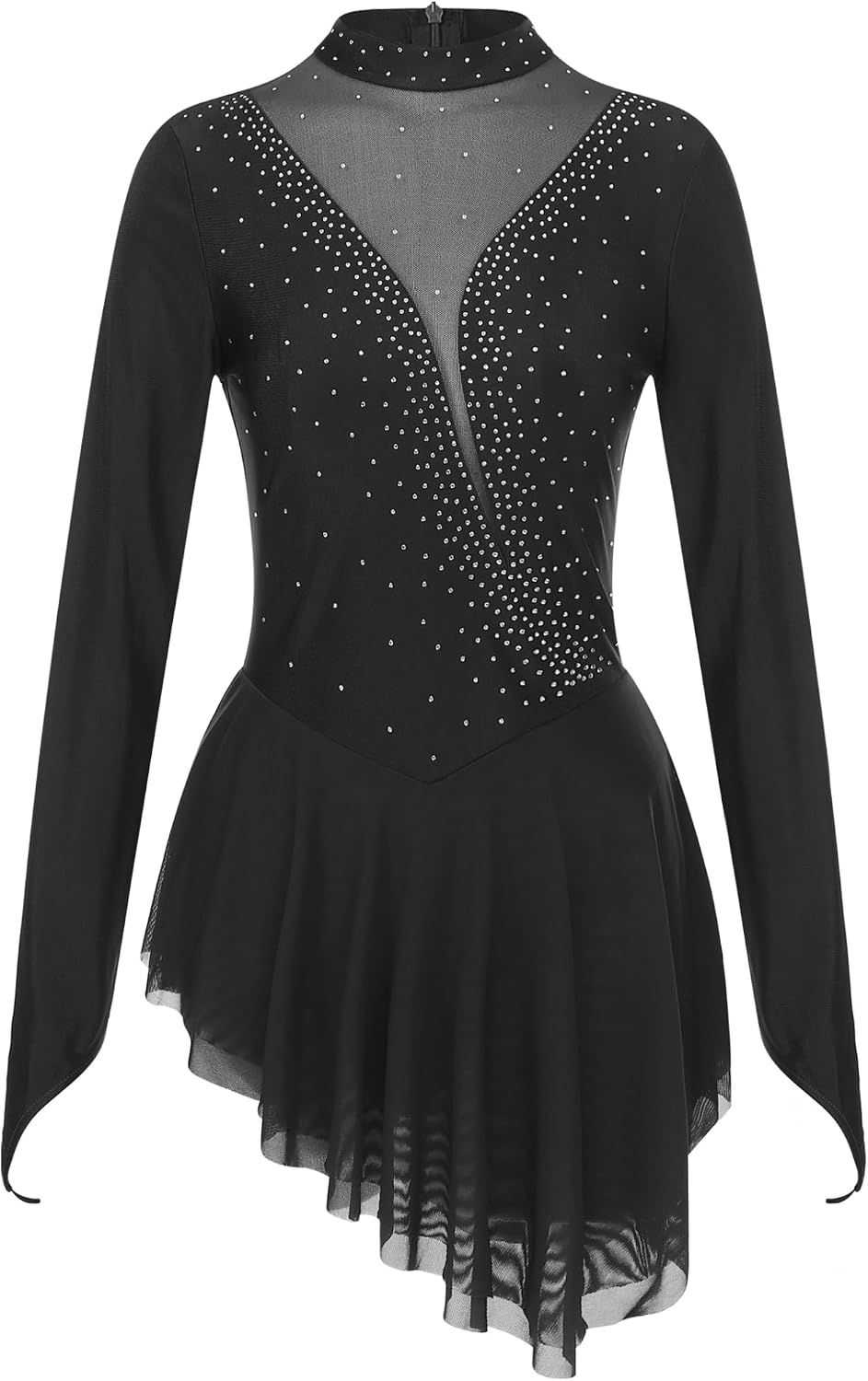 Winnrchan Women's Glittery Long Sleeve Figure Ice Skating Dress Irregular Hem Roller Skating Dance Leotard Dress
