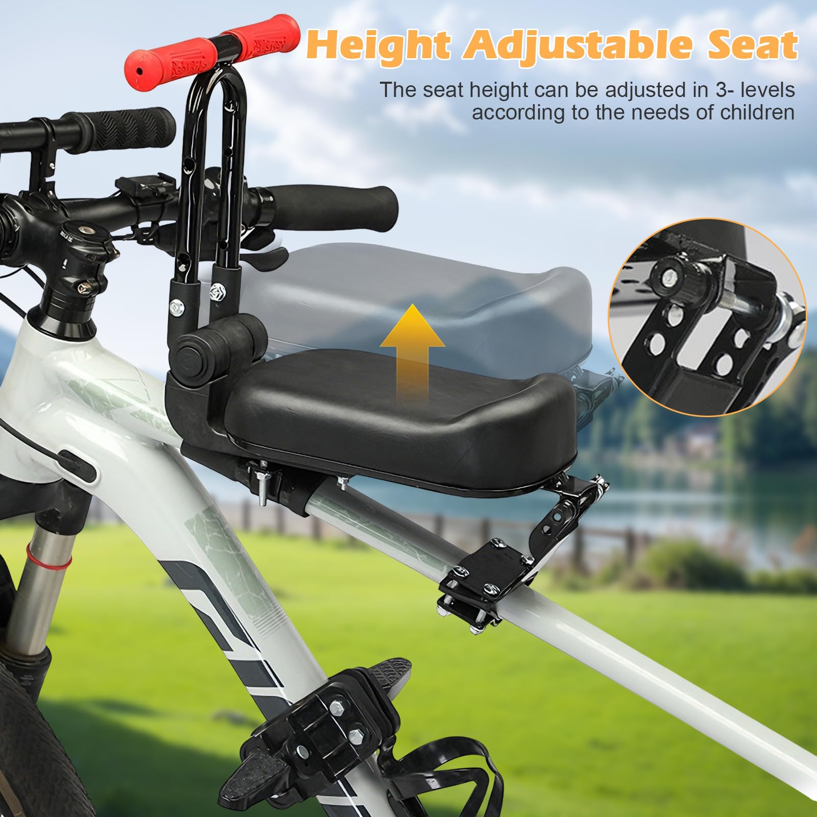Asiento de Bicicleta para Bicicleta de Montaña,Silla de Bicicleta Delantera con Reposapiés y Asa para Niños, Ultraligero, Portátil, Plegable, Sin Montaje Herramientas