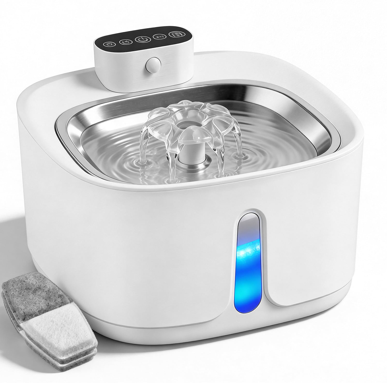 Katzenbrunnen Kabellos mit Bewegungsmelder 3.2L, 4000mAh Akku Trinkbrunnen für Katzen Edelstahl, Ultra-Leise Pumpe, Automatischer Wasserspender Katze, Hundetrinkbrunnen Filter, Weiß