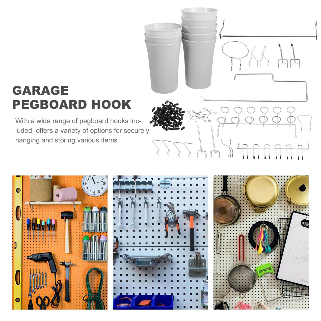 Cabilock Set di Ganci per Pannelli Forati in Acciaio Inox, 170 Pezzi | Argento, Forme Arrotondate Assortite, per Garage e Negozi, Accessori per Organizer da Parete Forata