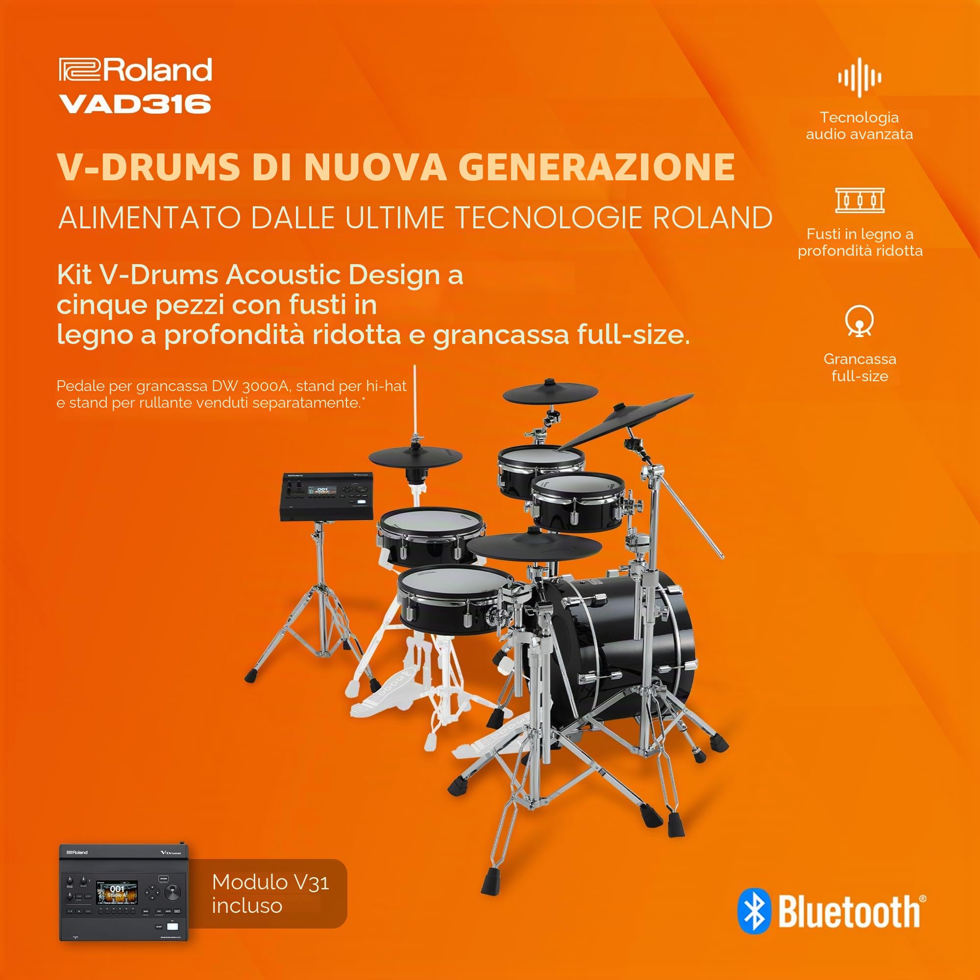 Roland VAD316 V-Drums - Kit batteria a V con design acustico serie 3 a 5 pezzi | Modulo audio V31 | Tecnologia audio avanzata | Conchiglie in legno a bassa profondità e tamburo di dimensioni