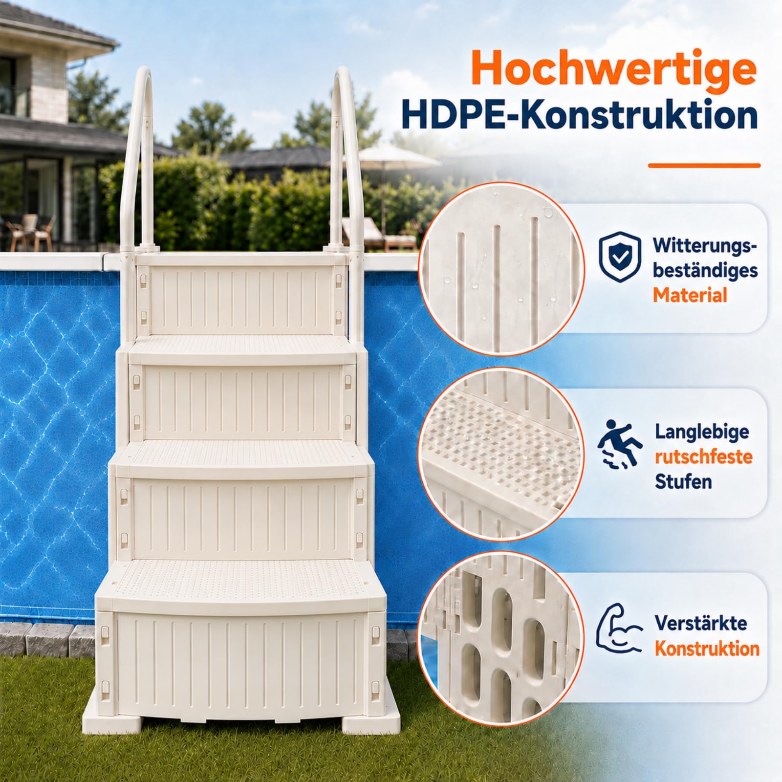 Poolleiter 4-stufig, Weiße HDPE Pooltreppe mit Doppelhandlauf und rutschfest, Maximale 180 kg Tragkraft für Aufstellpool 122–137 cm, Gartenpool, Eingelassene Pools, Familien & Senioren