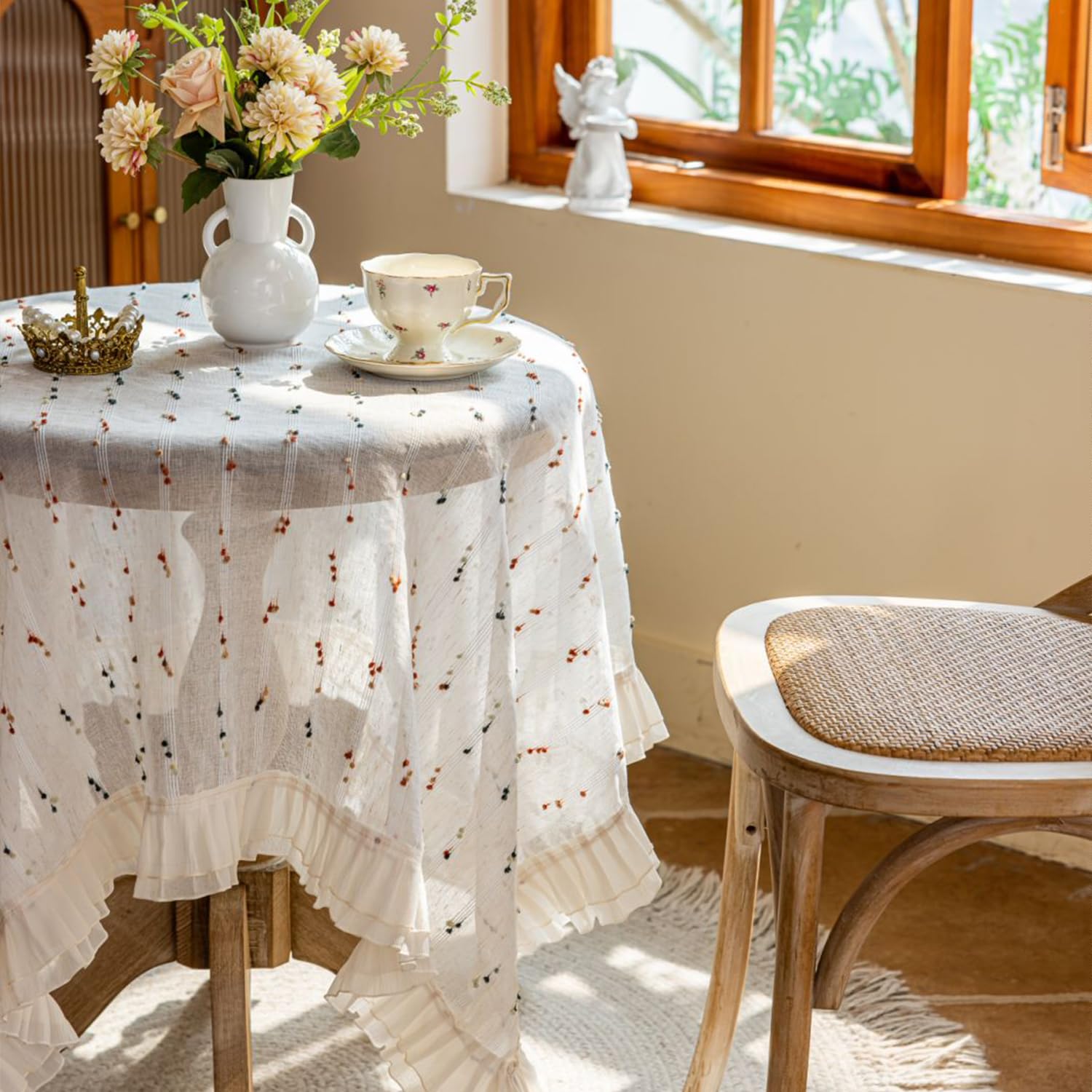 FOELANNE Embroidered Lace Tablecloth, Square Lace Tablecloth, Embroidered Floral, Ruffle Edge, Multiple Sizes(Style2,90x90cm)