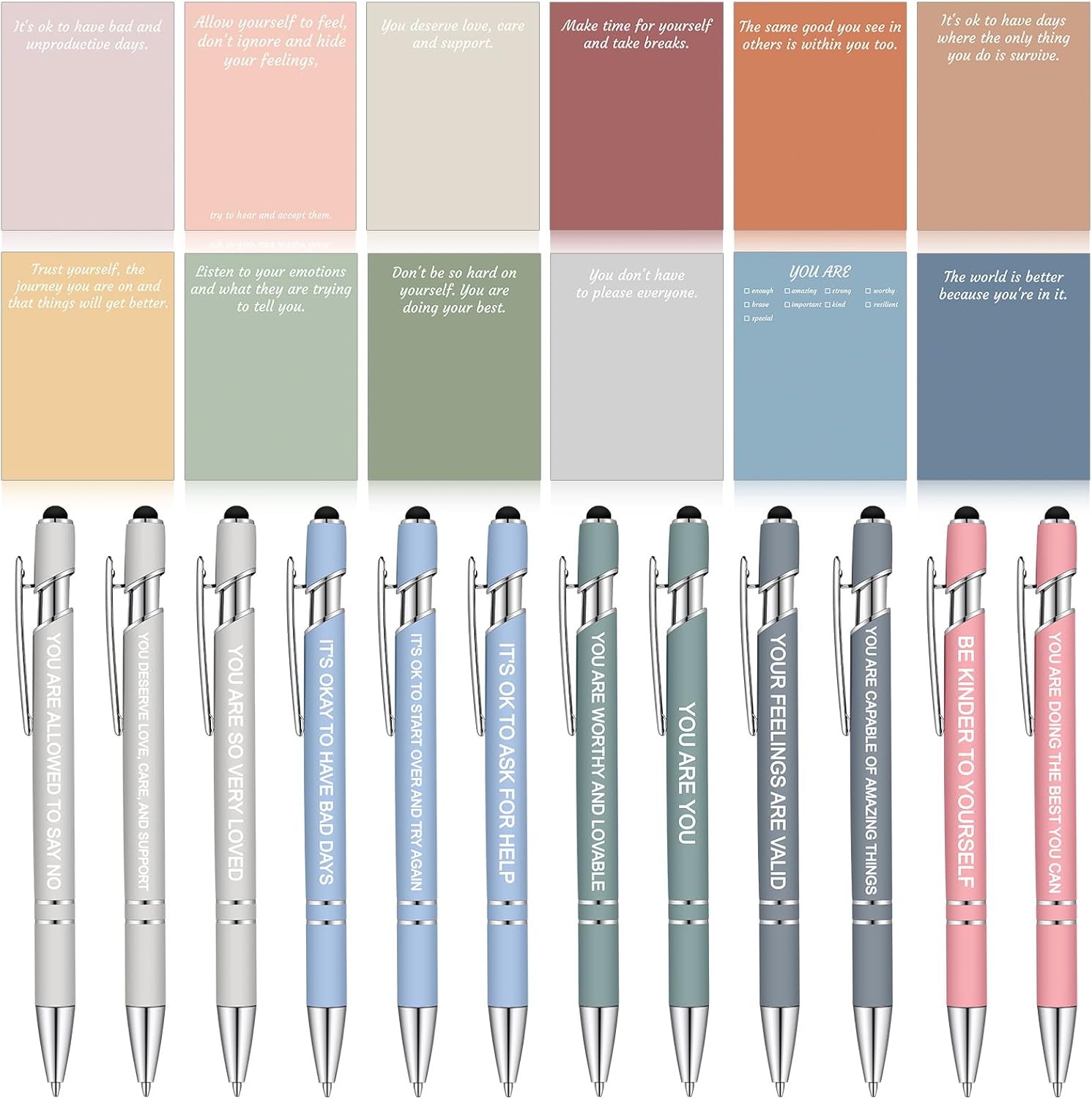 24 Set Mental Health Sticky Notes with Sayings Pens Bulk Mental Health Awareness Self Stick Note Pads Gifts 3 x 4 Inch Positive Motivational Affirmations Supplies for Work Home Office