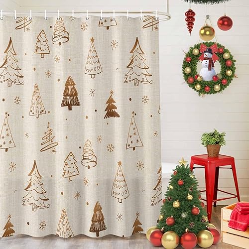 Miniatura 5 de Juego de cortina de ducha de Navidad con gancho de 72 x 72 pulgadas, tela lavable de tela de poliéster + cortina, cortinas de baño impermeables para
