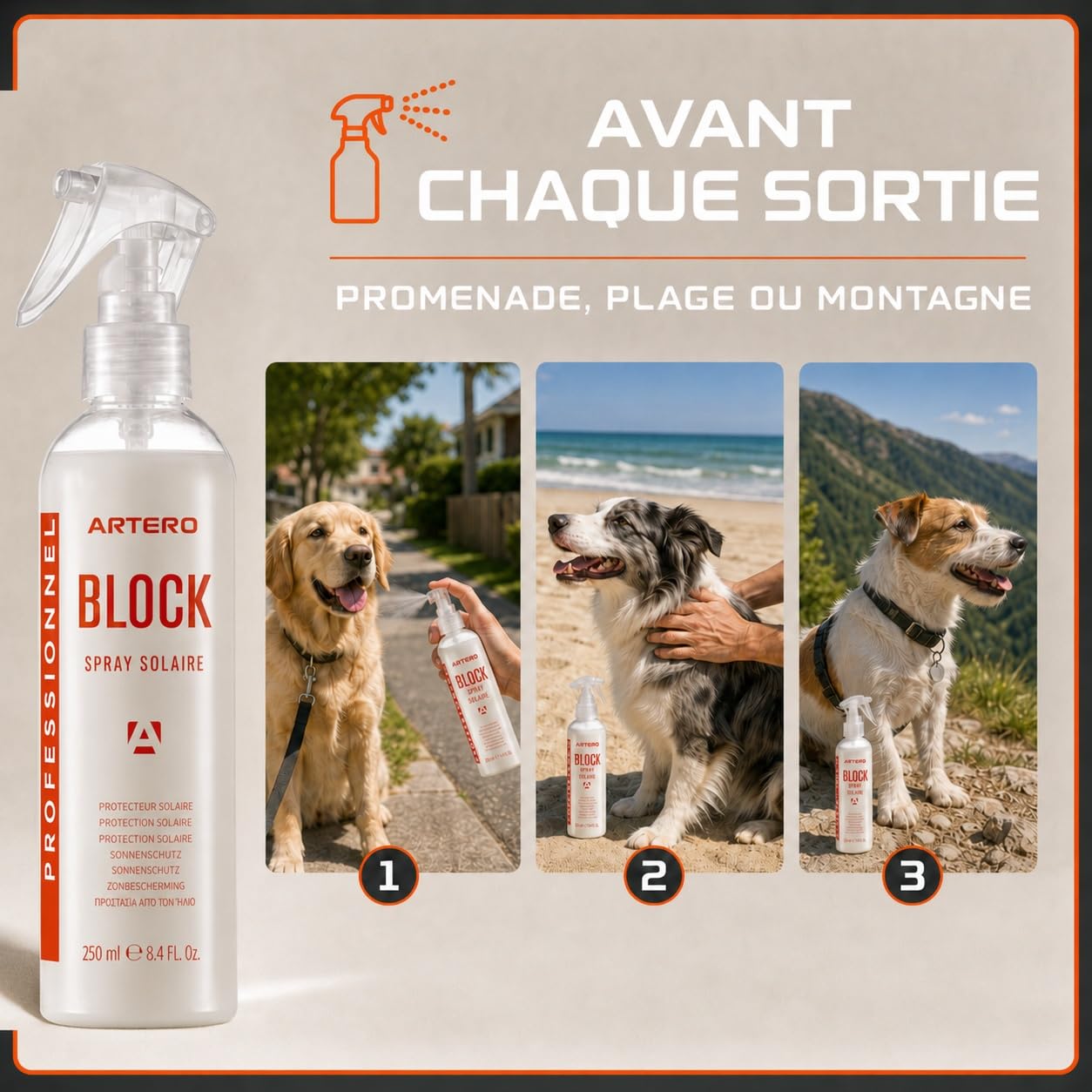 ARTERO Block. Crème Solaire pour Animaux de Compagnie. Protège Le Pelage des Effets des Rayons UV et infrarouges.