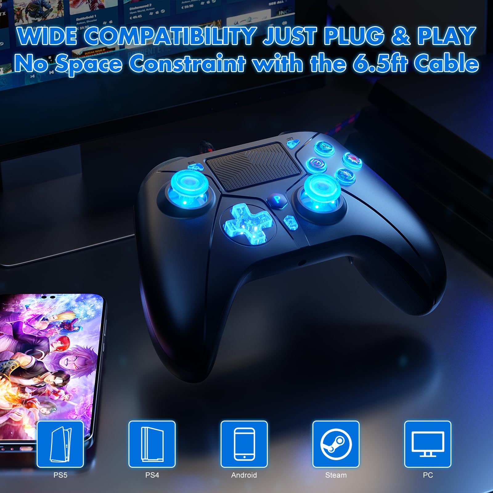 Dinosoo RGB Wired Controller für PS5/PC/PS4, 3,5-mm-Audioanschluss, Makrofunktion, 6-Achsen-Bewegungssteuerung