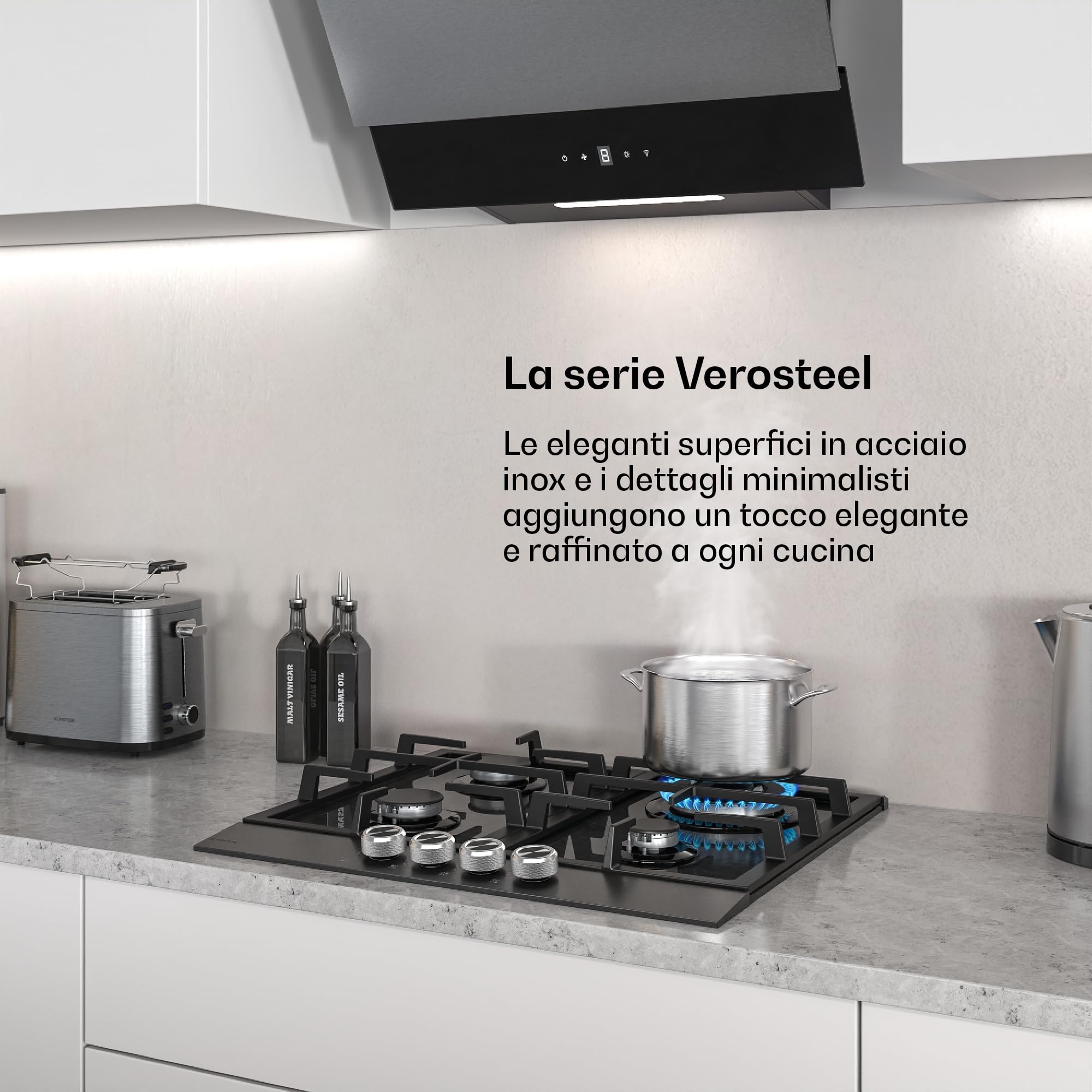 Klarstein Verosteel Piano Cottura Gas 60cm - 4 Fuochi, 8000W, Vetro & Acciaio Inox, GPL/Naturale, Accensione Elettrica, Sicurezza Fiamma, Fornello a Gas Cucina, Acciaio inossidabile nero