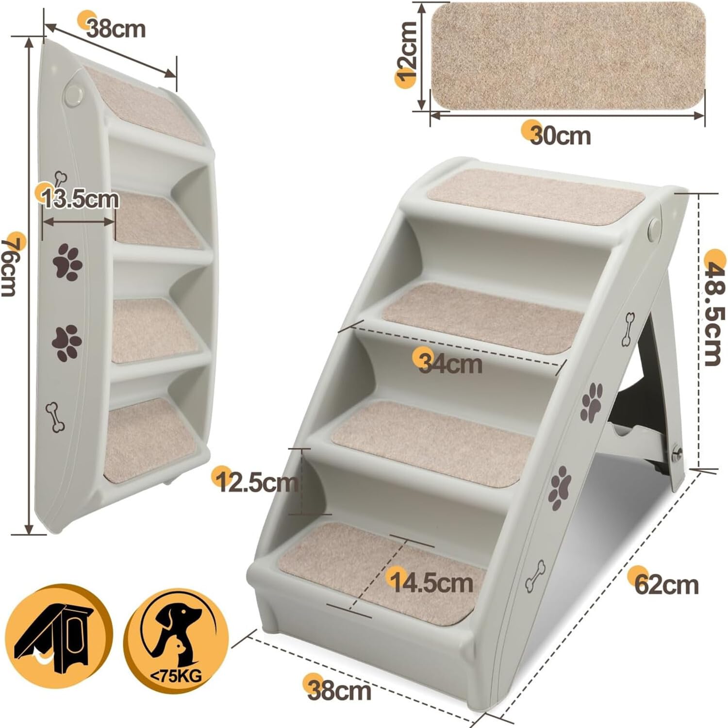 Ansobea 4-stufige Haustiertreppe Faltbar - Bis 75kg Für Hunde & Katzen Grau