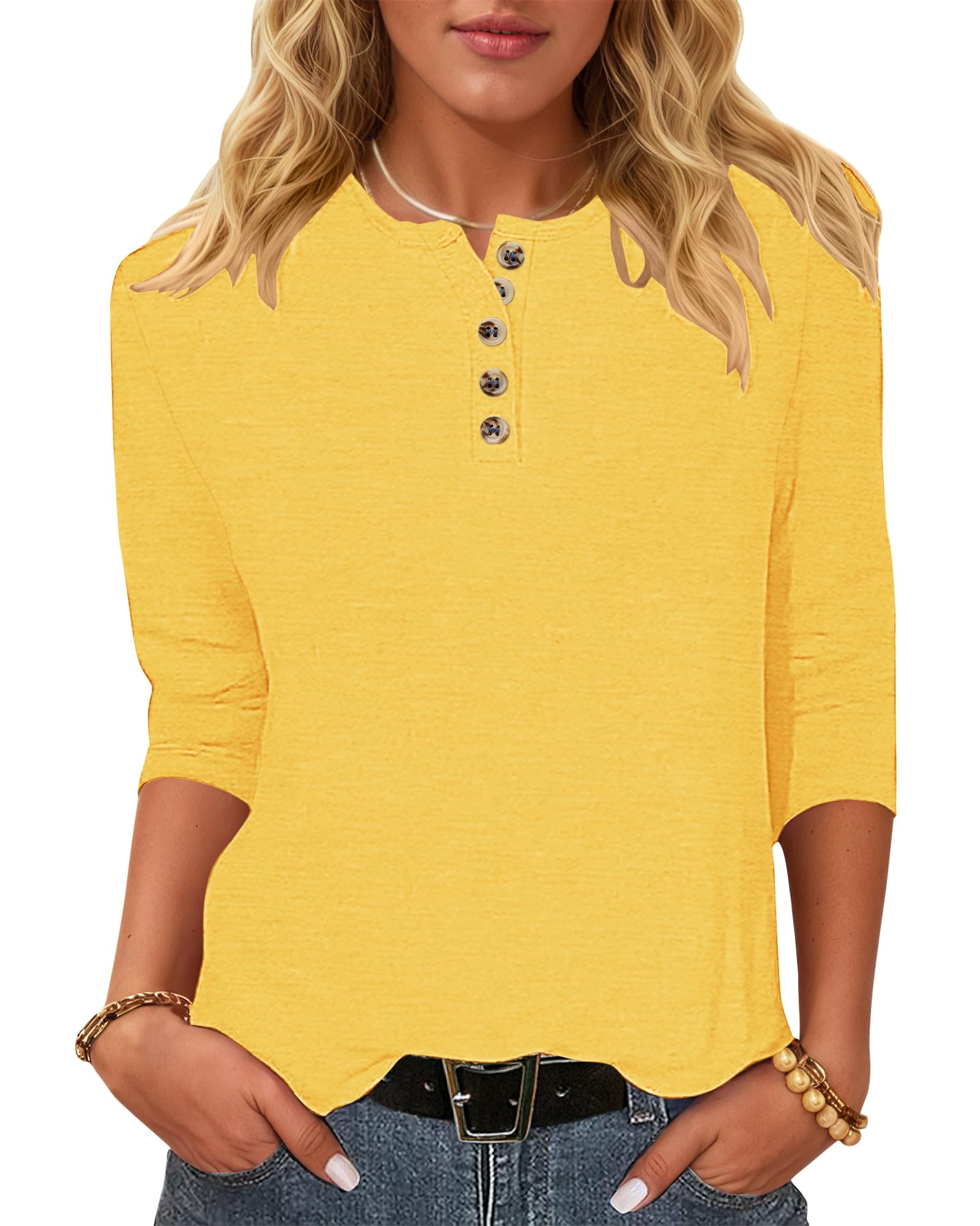 WNEEDU T-Shirt Damen 3/4 Arm Bluse - Henley Shirt Rundhals Tshirt Leichte Pullover Lässig Tops Basic Ganzjahres Oberteile mit Knöpfe