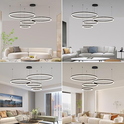 Miniatura 6 de Lámpara colgante LED moderna con altura ajustable 3000k-6000k, lámpara de araña de techo alto suspendida para comedor