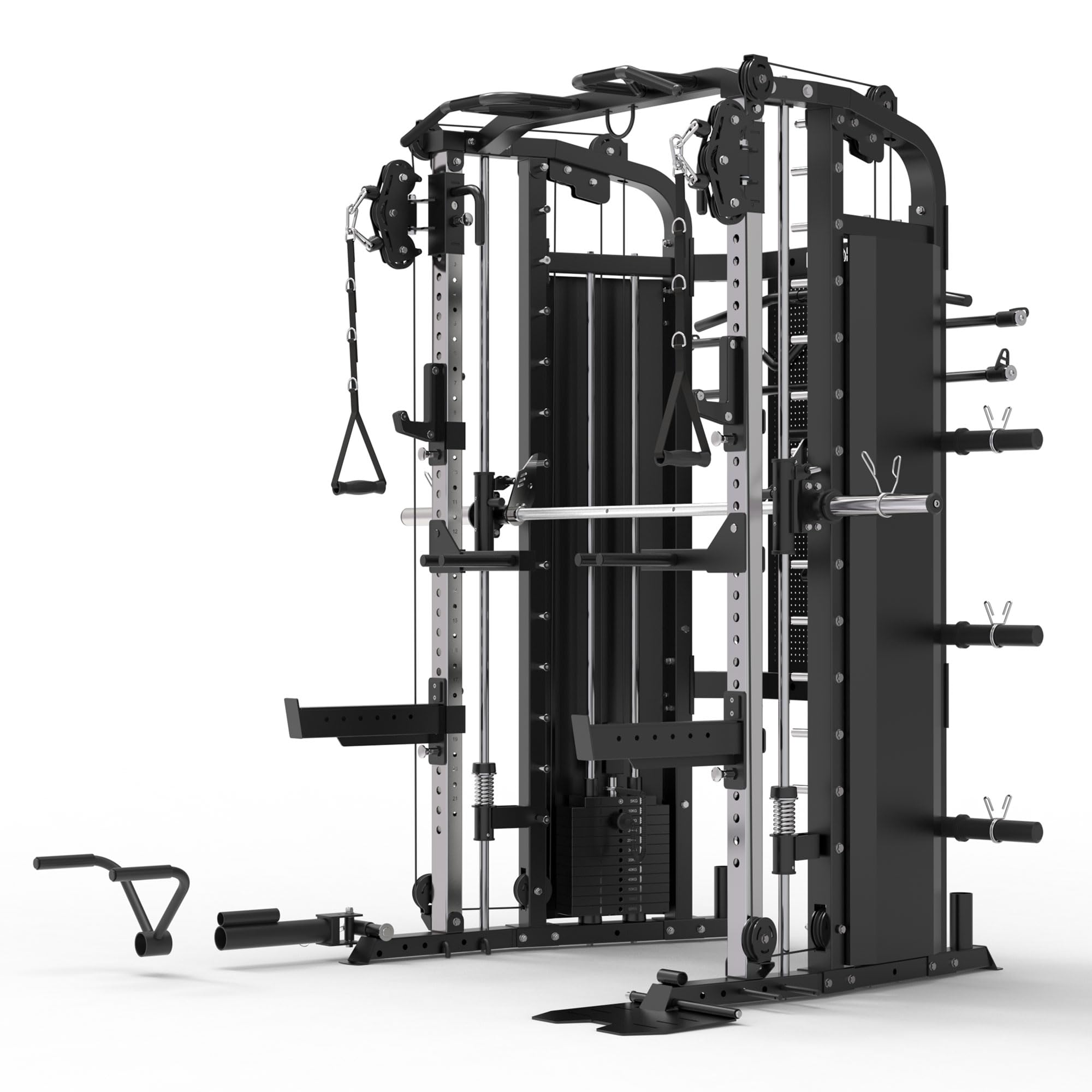 GORILLA SPORTS® Smith Machine - avec Poids Intégrés 2x60 kg, Câbles, Barre Lat, Barre d’Haltérophilie 204 cm et Accessoires, jusqu’à 200 kg - Appareil de Musculation, Power Station, Station de Muscula
