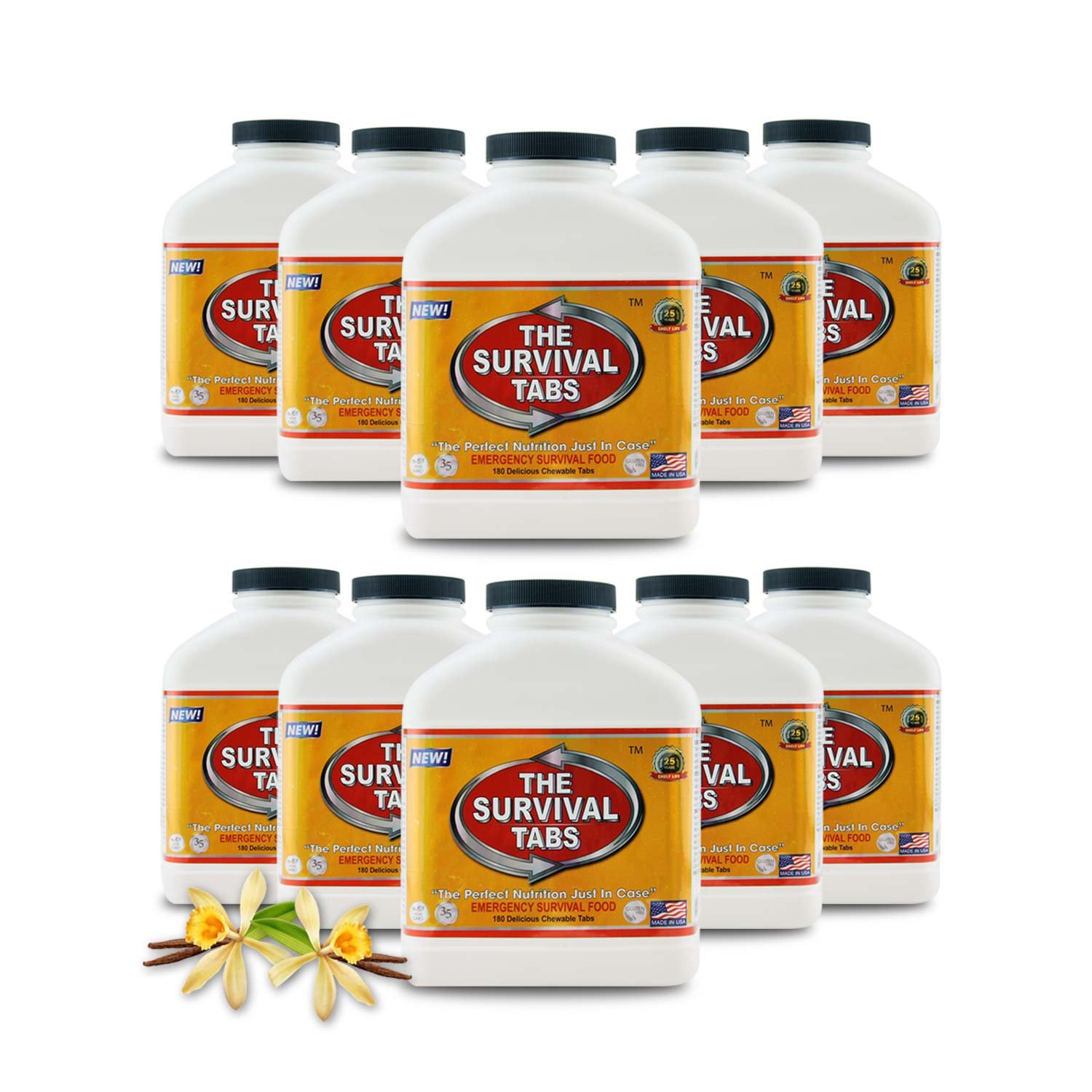 Survival Tabs 15-day Food Supply x 10 Bottles Gluten Free and Non-GMO 25 Years Shelf Life - Vanilla Malt Flavor