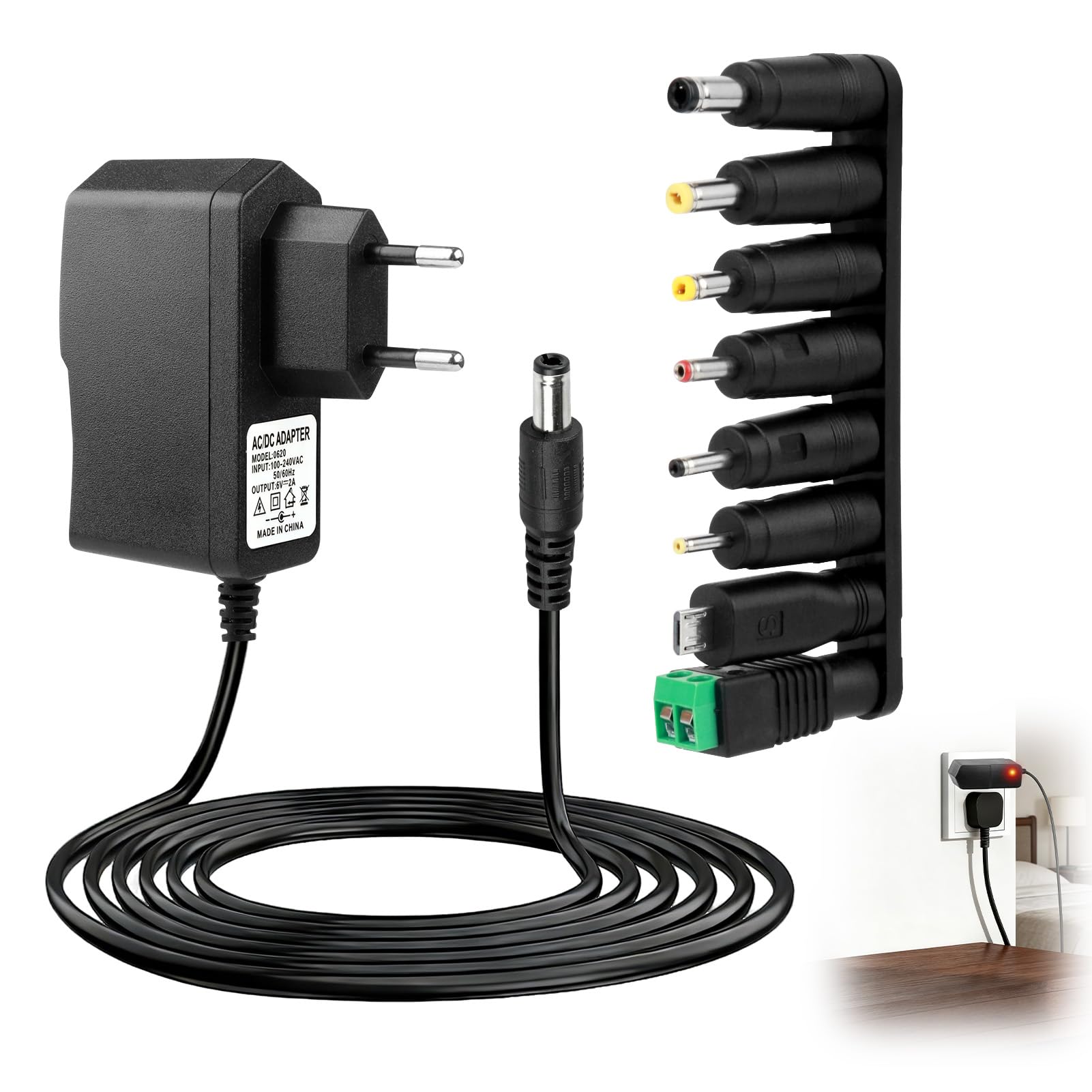 6V 2A Adaptador de Corriente Transformador AC DC con 8 Conectores Fuente Alimentacion Estable Cargador Alimentador 12W para 500mA 1000mA 1500mA 2000mA Tensiómetro LED Cámara CCTV Router Juguete — view 6