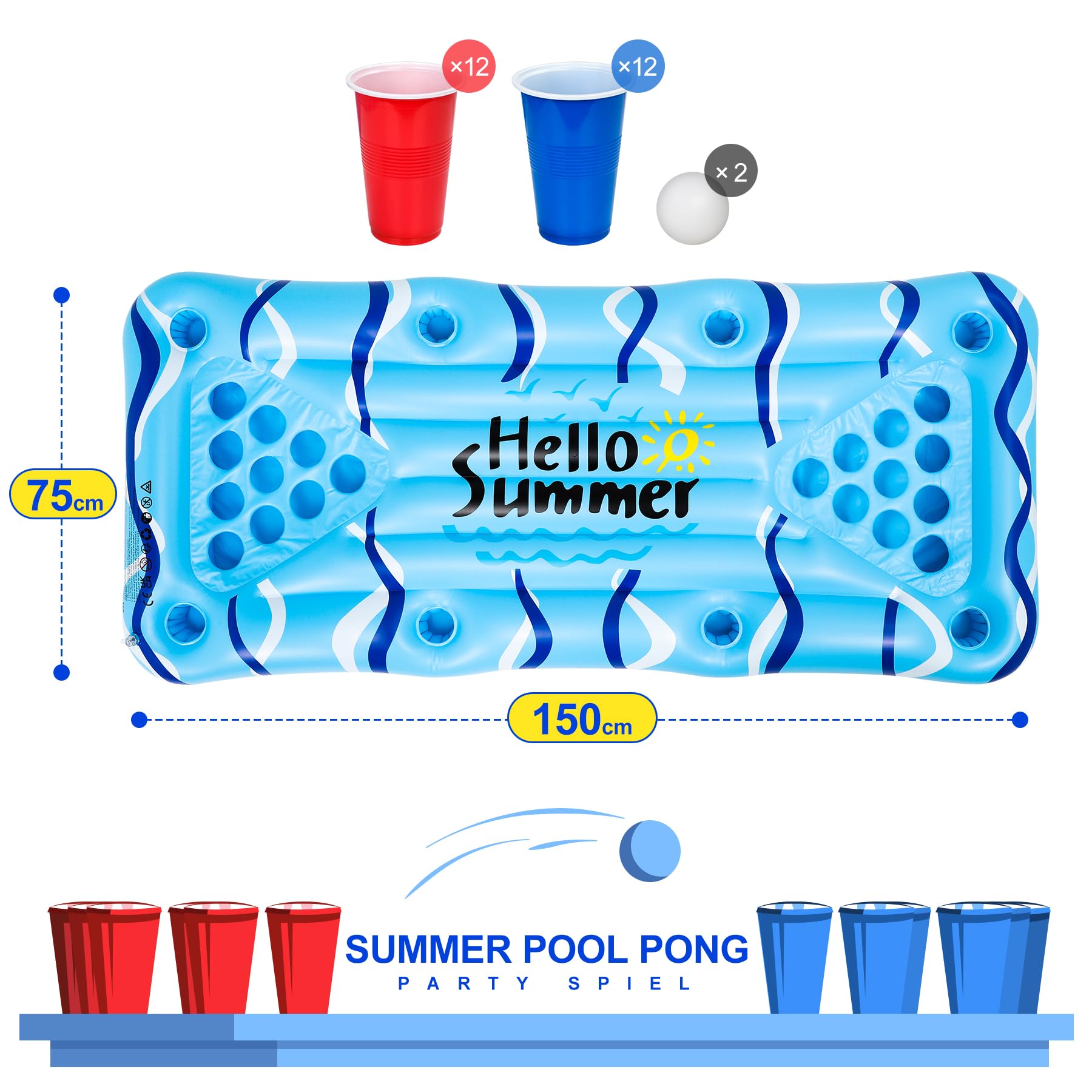 Jeux Piscine Pong Flottant 150×75 cm - Matelas Gonflable pour Piscine Adulte avec Porte-Gobelets, Piscines Gonflables Accessoires Incluant 24 Gobelets et 2 Balles, Divertissement Aquatique